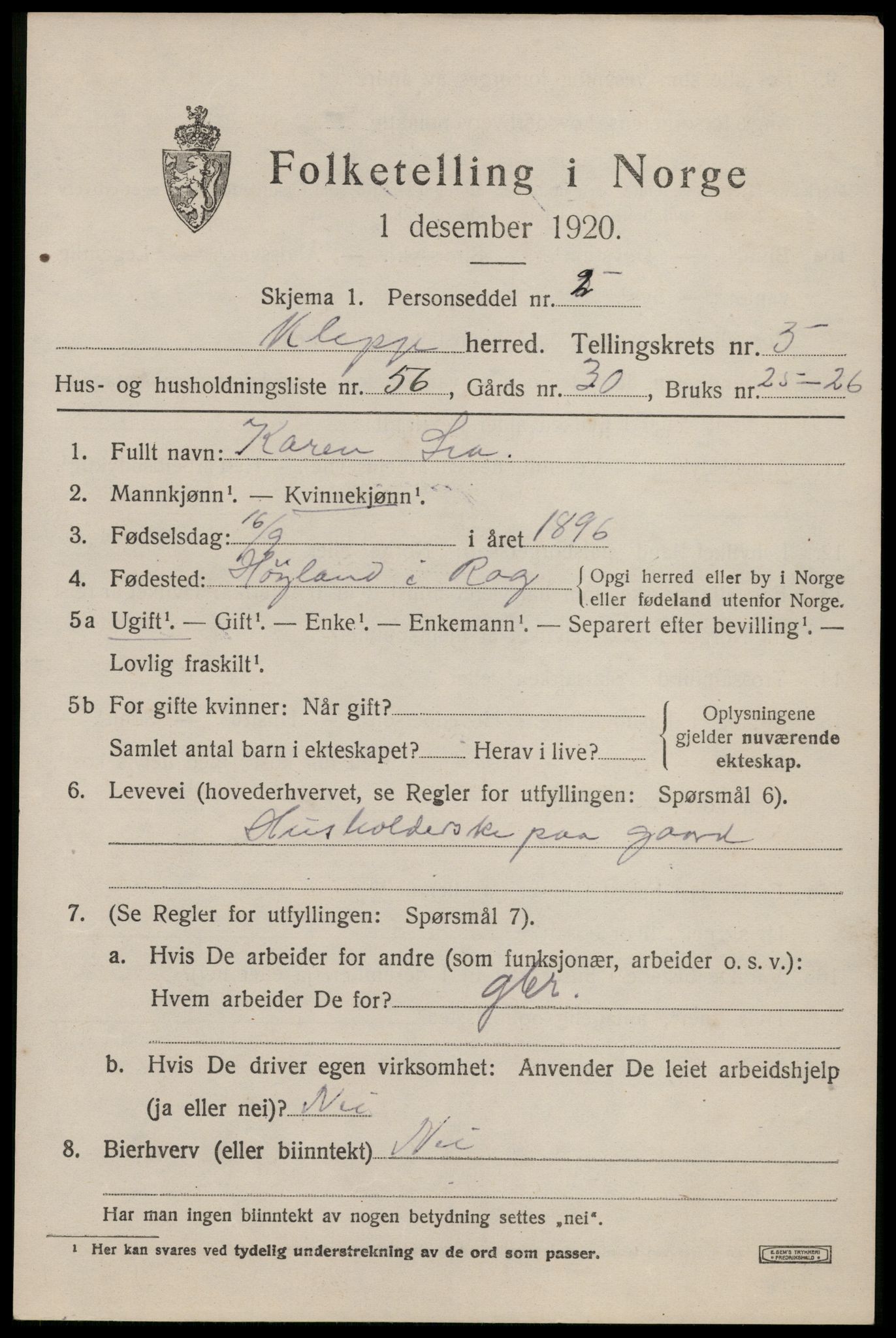 SAST, 1920 census for Klepp, 1920, p. 6014