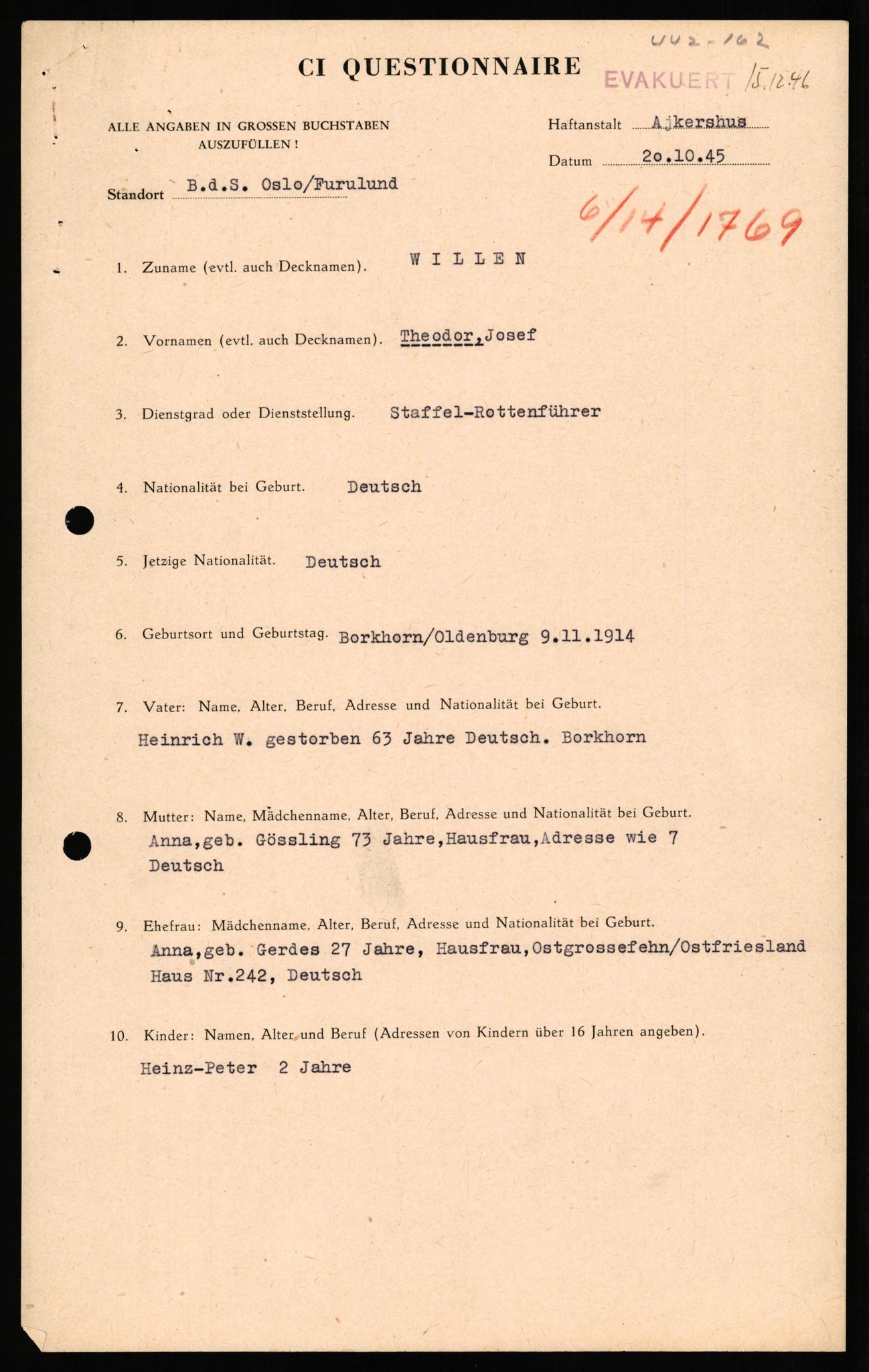 Forsvaret, Forsvarets overkommando II, AV/RA-RAFA-3915/D/Db/L0036: CI Questionaires. Tyske okkupasjonsstyrker i Norge. Tyskere., 1945-1946, p. 81