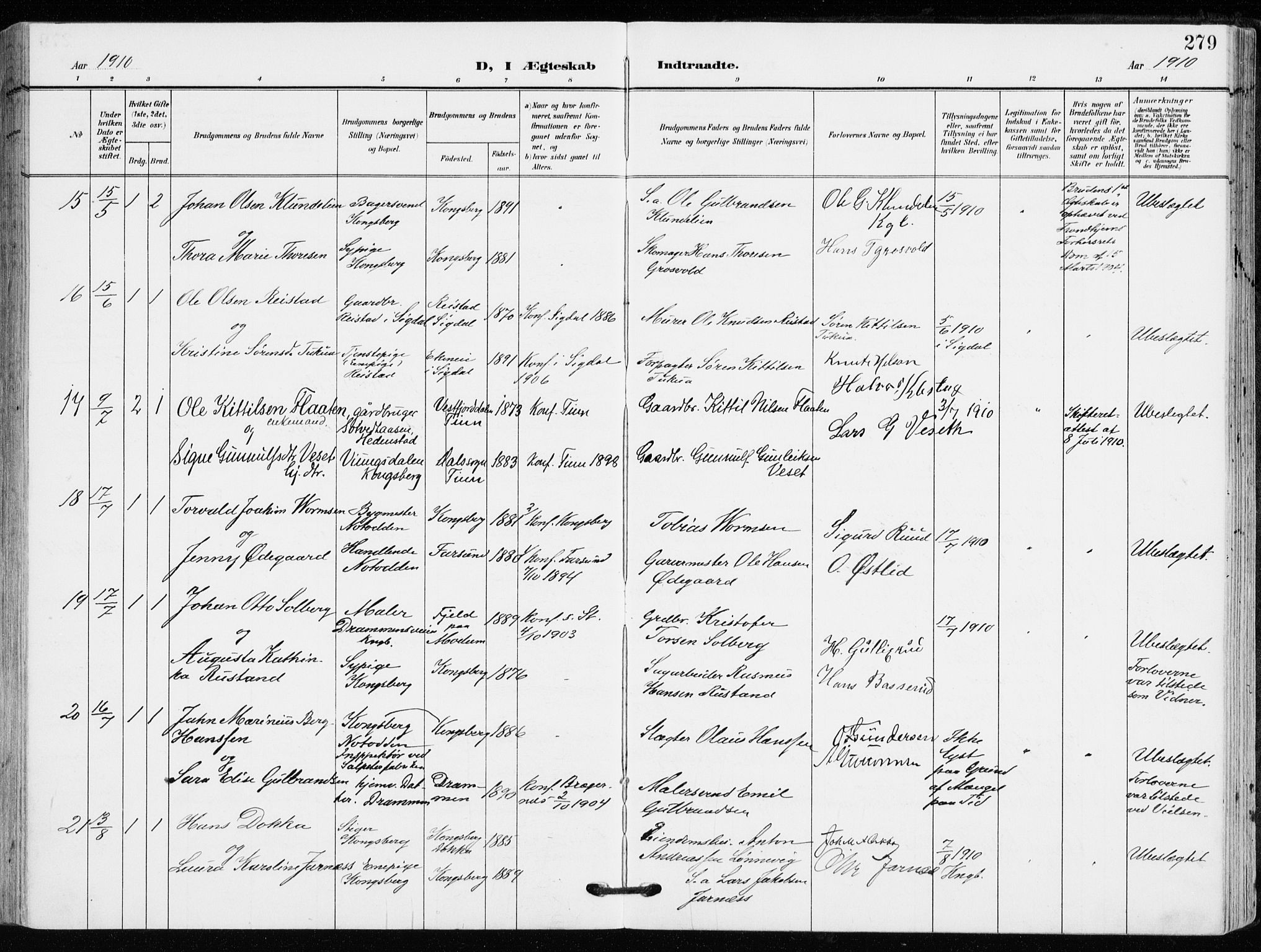 Kongsberg kirkebøker, AV/SAKO-A-22/F/Fb/L0004: Parish register (official) no. II 4, 1906-1918, p. 279