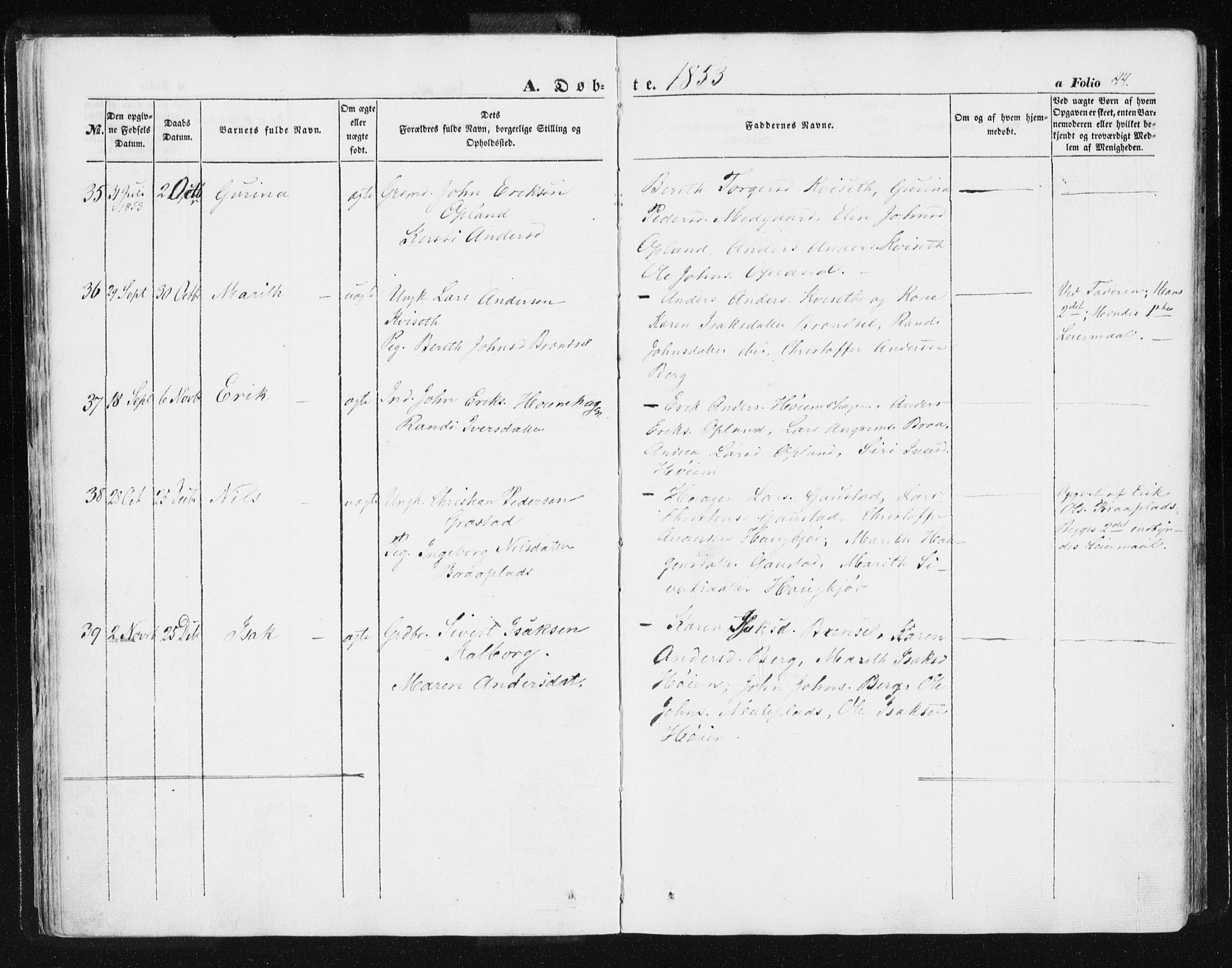 Ministerialprotokoller, klokkerbøker og fødselsregistre - Sør-Trøndelag, SAT/A-1456/612/L0376: Parish register (official) no. 612A08, 1846-1859, p. 44