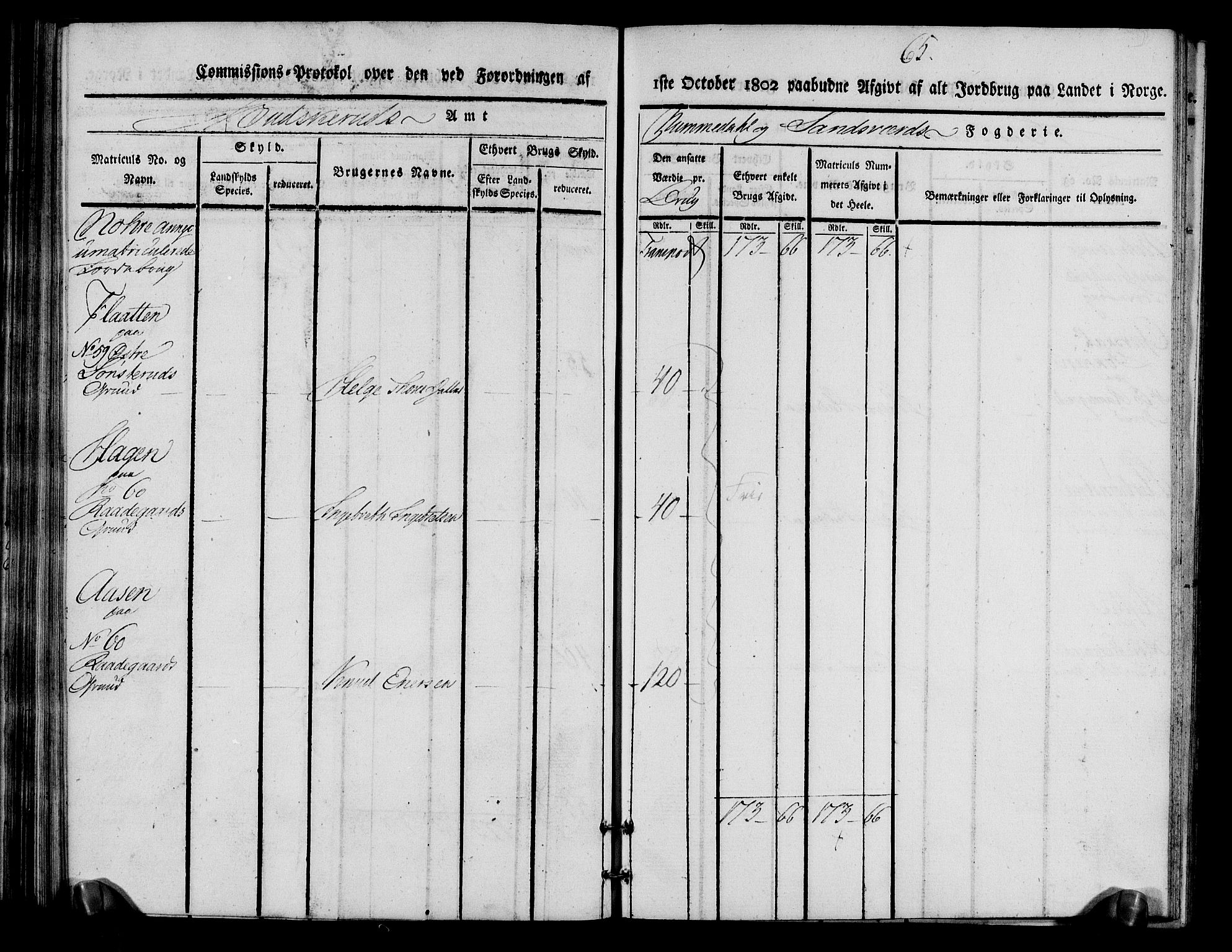 Rentekammeret inntil 1814, Realistisk ordnet avdeling, AV/RA-EA-4070/N/Ne/Nea/L0056b: Numedal og Sandsvær fogderi. Kommisjonsprotokoll over matrikulerte jordbruk i Uvdal og Nore annekser, 1803, p. 65