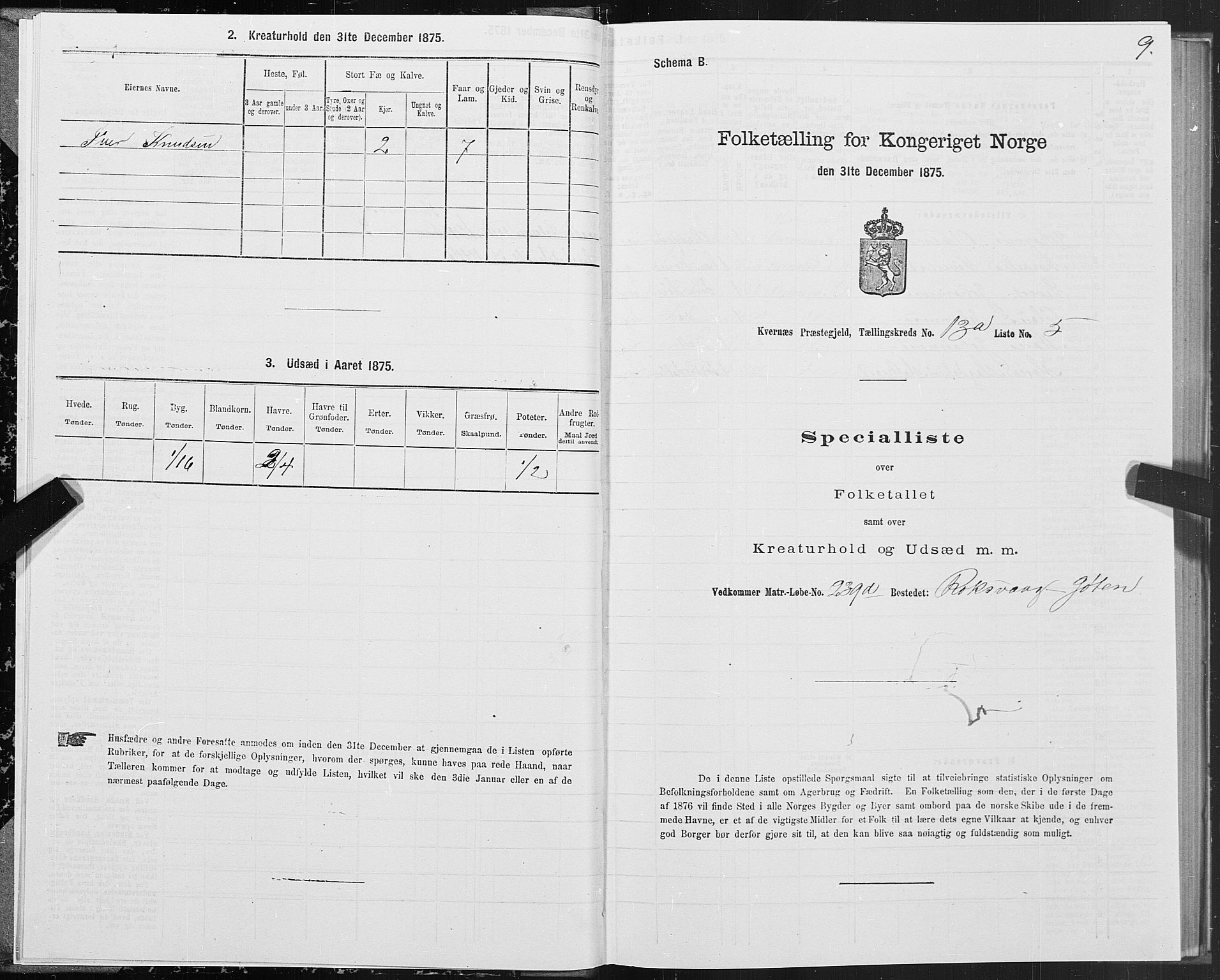 SAT, 1875 census for 1553P Kvernes, 1875, p. 7009