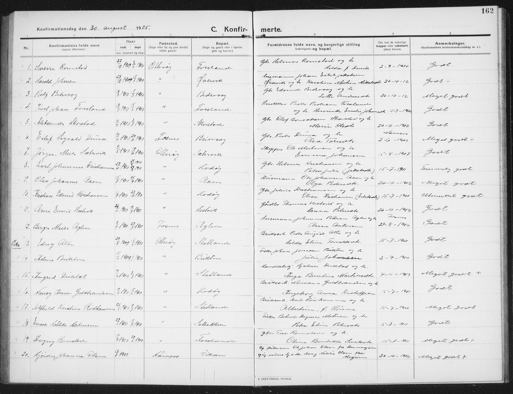 Ministerialprotokoller, klokkerbøker og fødselsregistre - Nord-Trøndelag, SAT/A-1458/774/L0630: Parish register (copy) no. 774C01, 1910-1934, p. 162