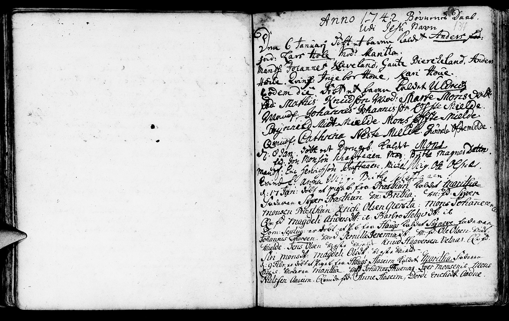 Haus sokneprestembete, AV/SAB-A-75601/H/Haa: Parish register (official) no. A 5, 1733-1747, p. 134