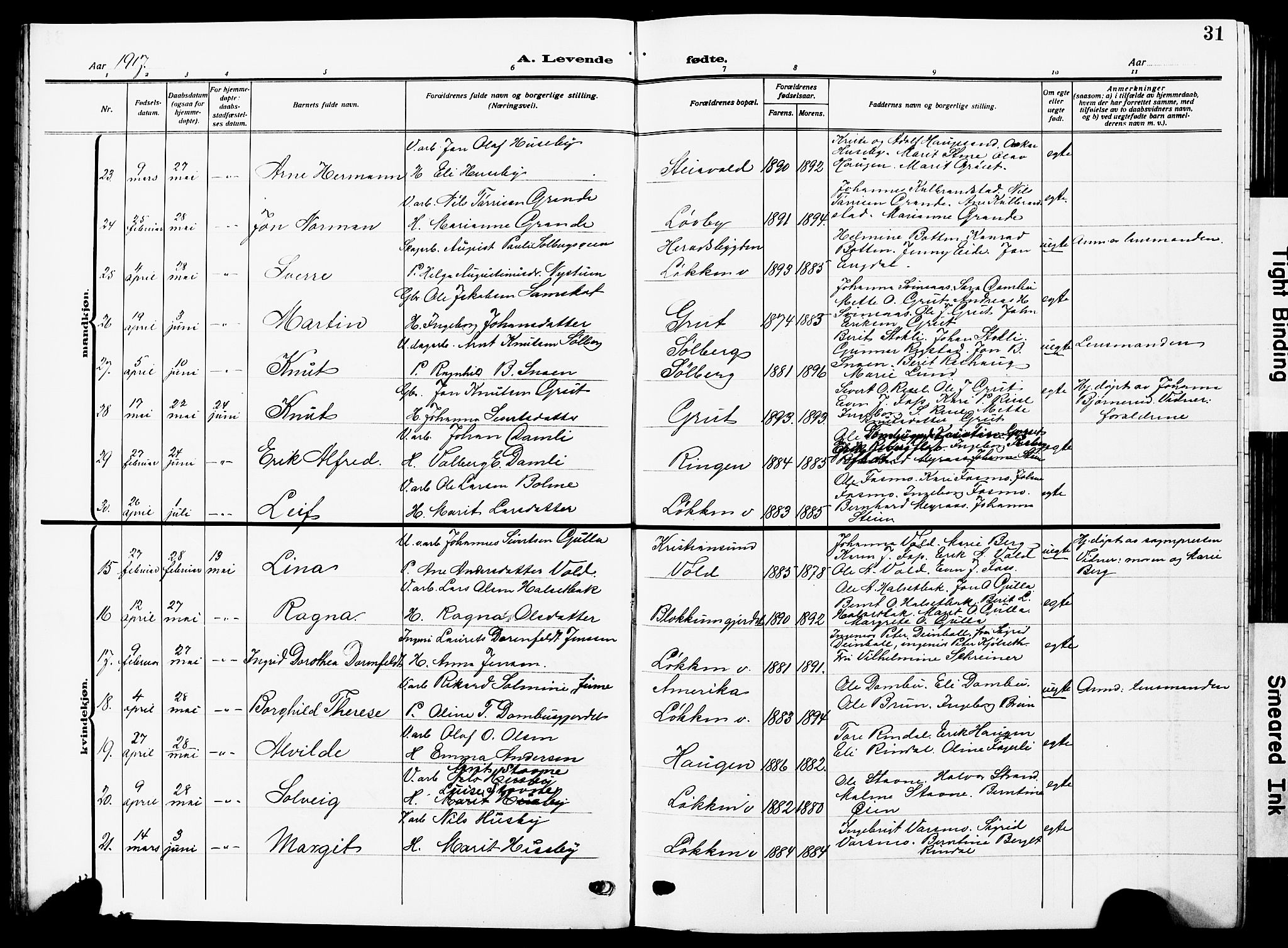 Ministerialprotokoller, klokkerbøker og fødselsregistre - Sør-Trøndelag, AV/SAT-A-1456/672/L0865: Parish register (copy) no. 672C04, 1914-1928, p. 31