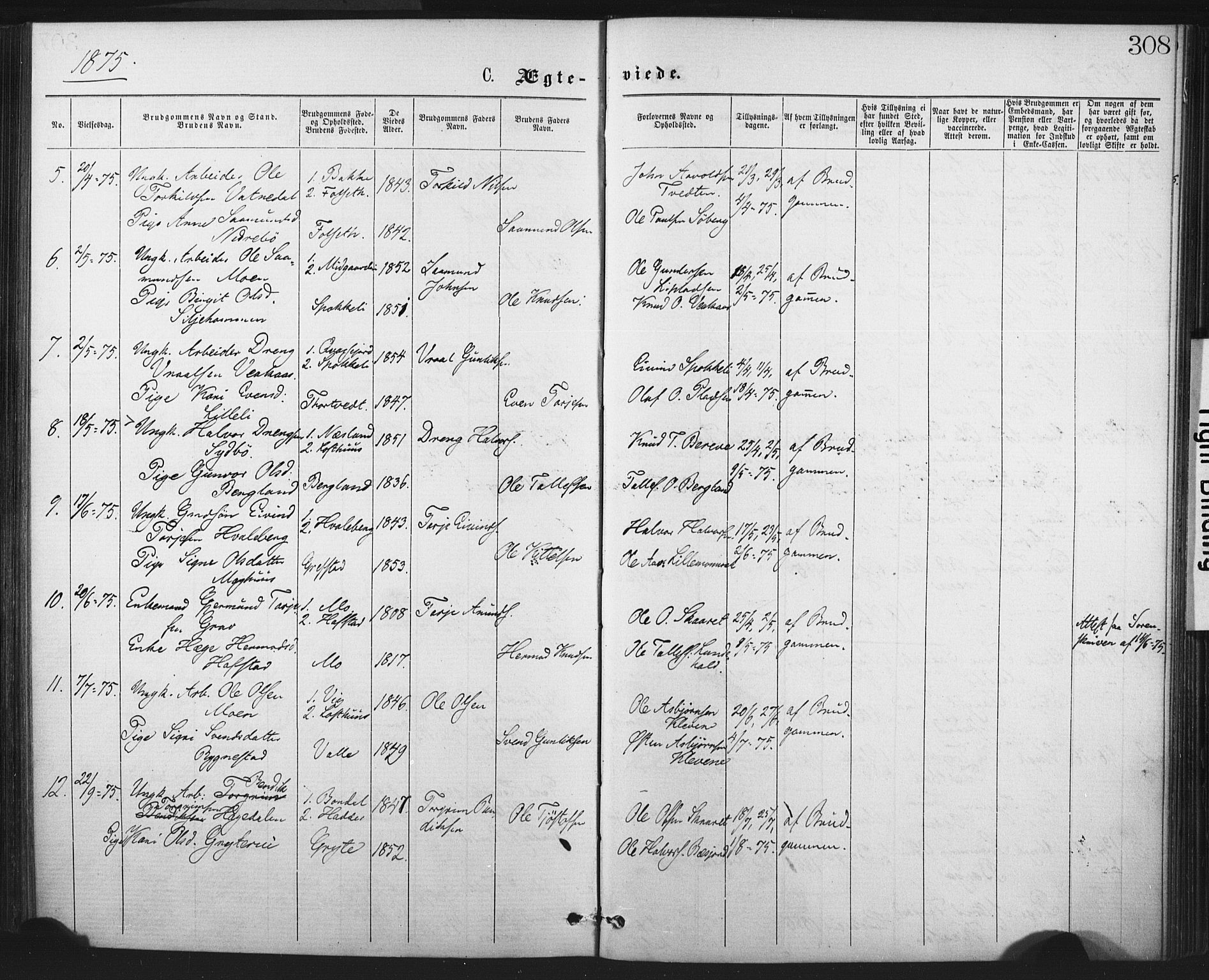 Fyresdal kirkebøker, SAKO/A-263/F/Fa/L0006: Parish register (official) no. I 6, 1872-1886, p. 308