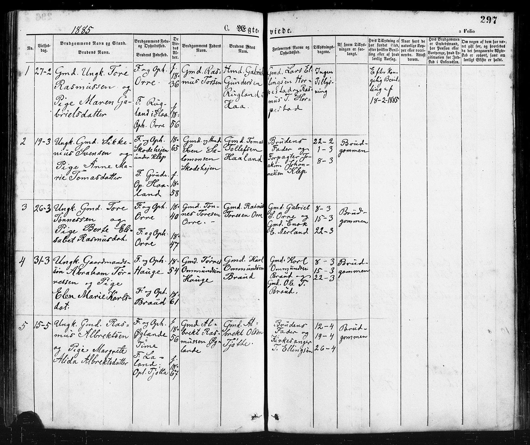 Klepp sokneprestkontor, AV/SAST-A-101803/001/3/30BA/L0006: Parish register (official) no. A 6, 1871-1885, p. 297