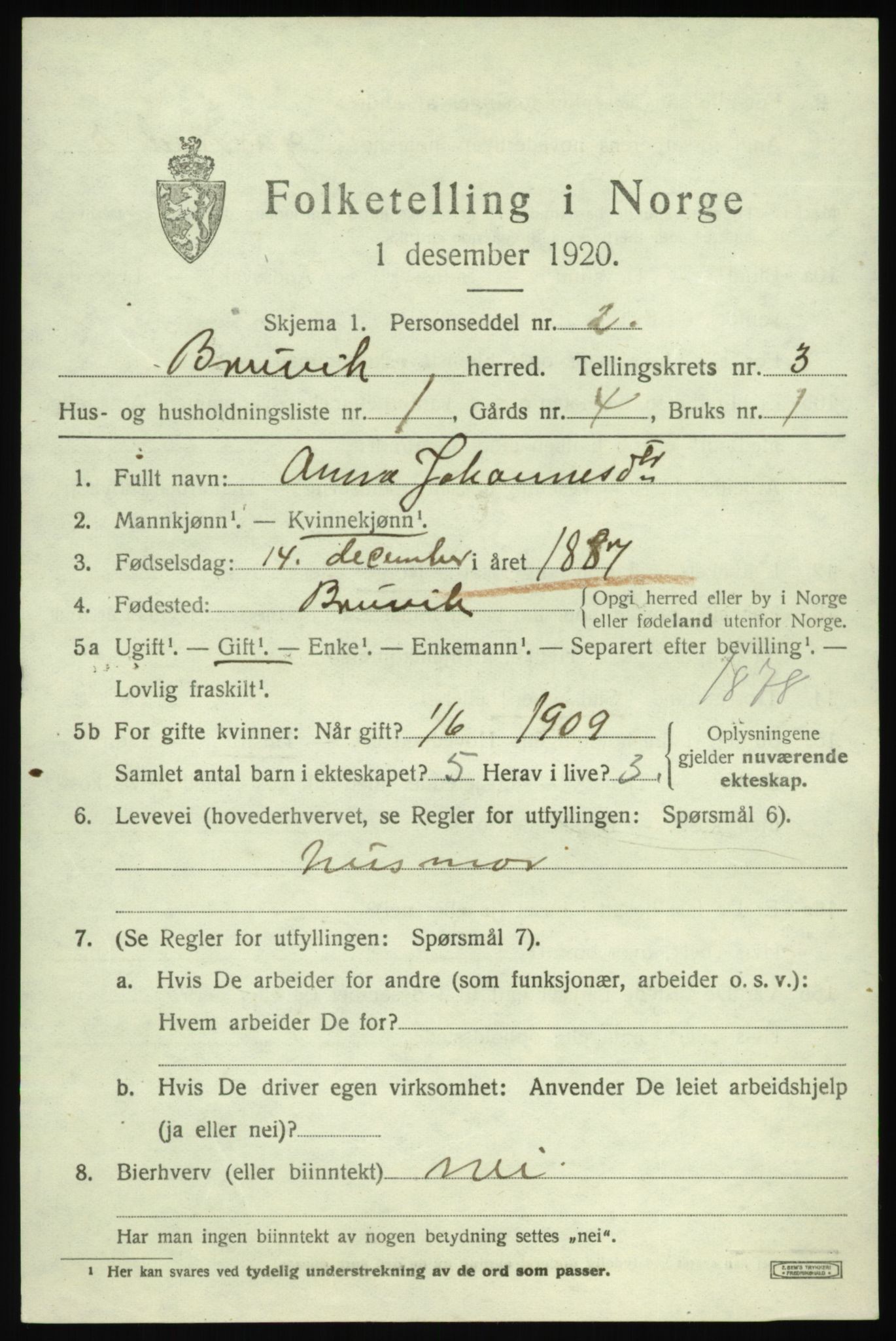 SAB, 1920 census for Bruvik, 1920, p. 1724