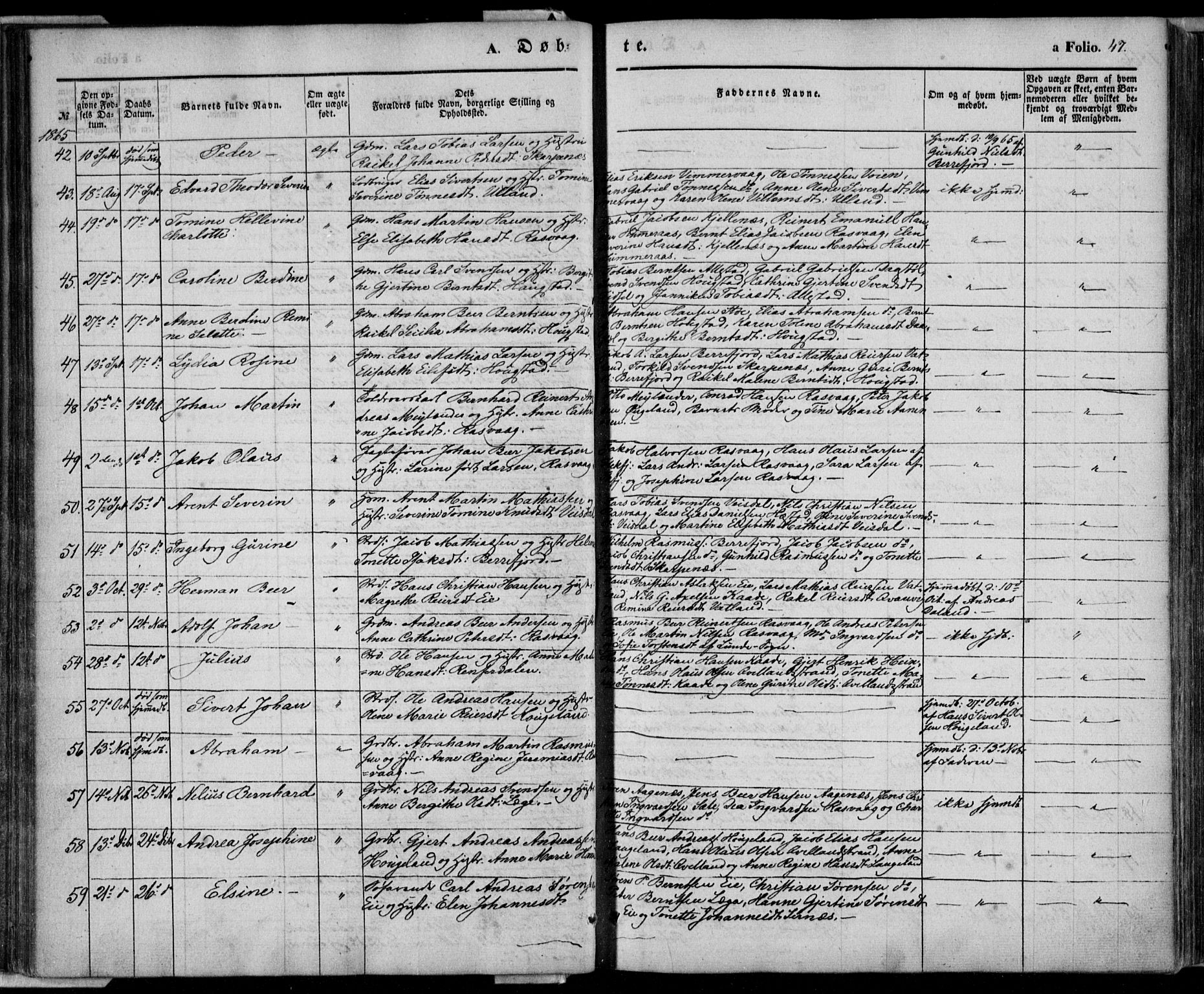 Flekkefjord sokneprestkontor, SAK/1111-0012/F/Fa/Fab/L0004: Parish register (official) no. A 4, 1850-1875, p. 47