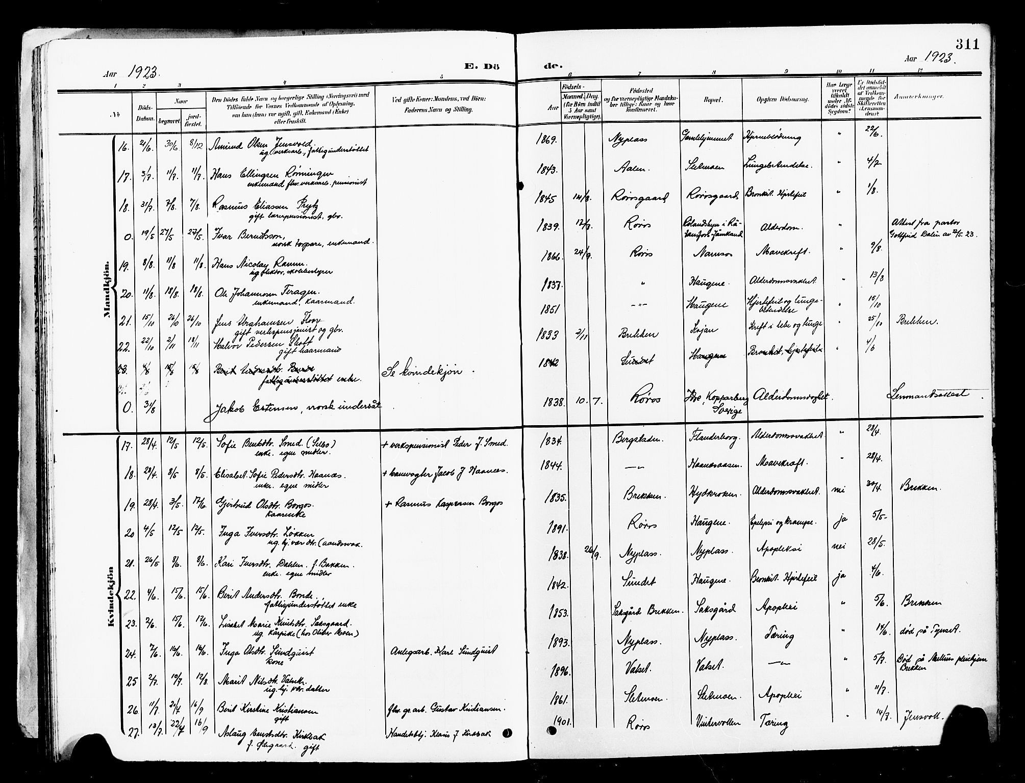 Ministerialprotokoller, klokkerbøker og fødselsregistre - Sør-Trøndelag, SAT/A-1456/681/L0942: Parish register (copy) no. 681C06, 1906-1925, p. 311