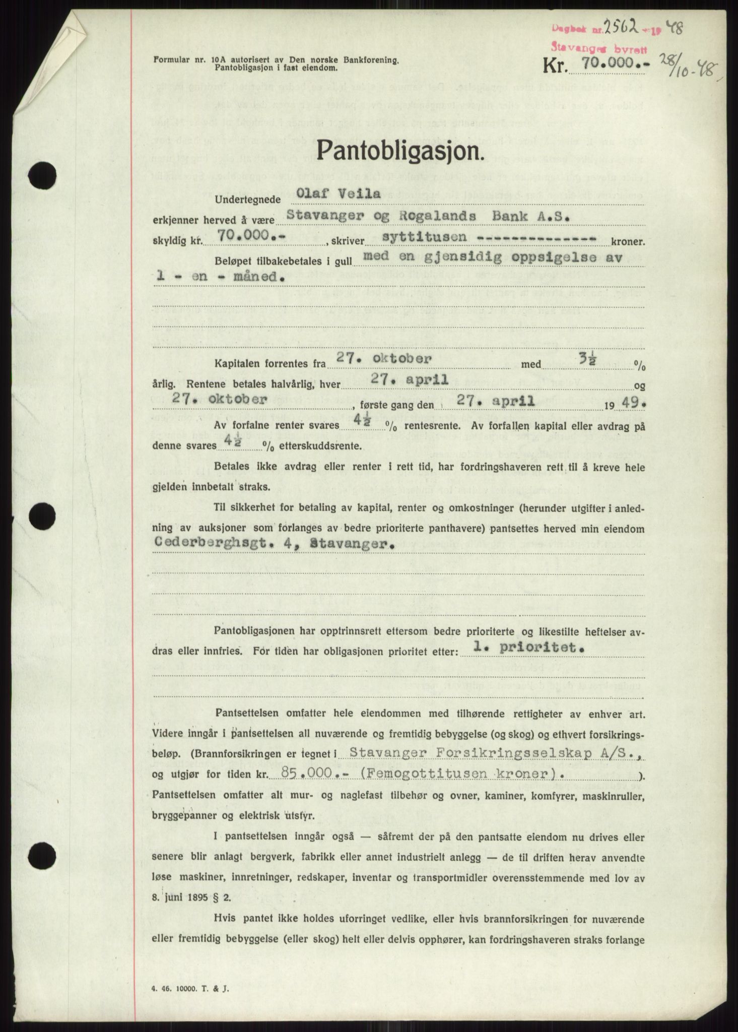 Stavanger byrett, SAST/A-100455/002/G/Gb/L0032: Mortgage book, 1947-1950, Diary no: : 2562/1948