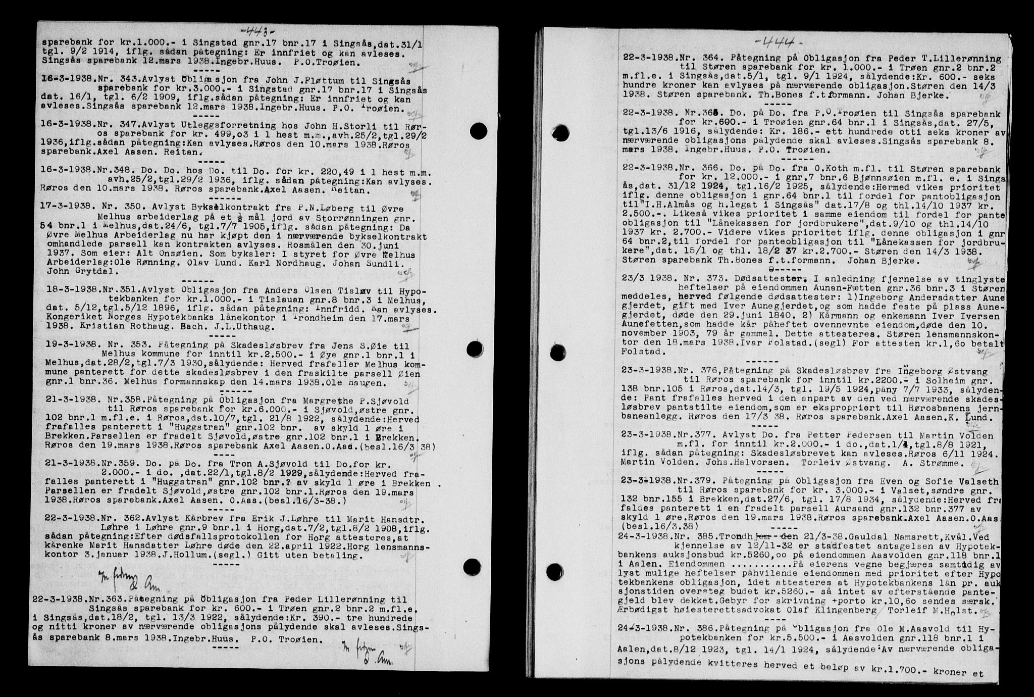 Gauldal sorenskriveri, SAT/A-0014/1/2/2C/L0048: Mortgage book no. 51-52, 1937-1938, p. 443-444, Diary no: : 343/1938