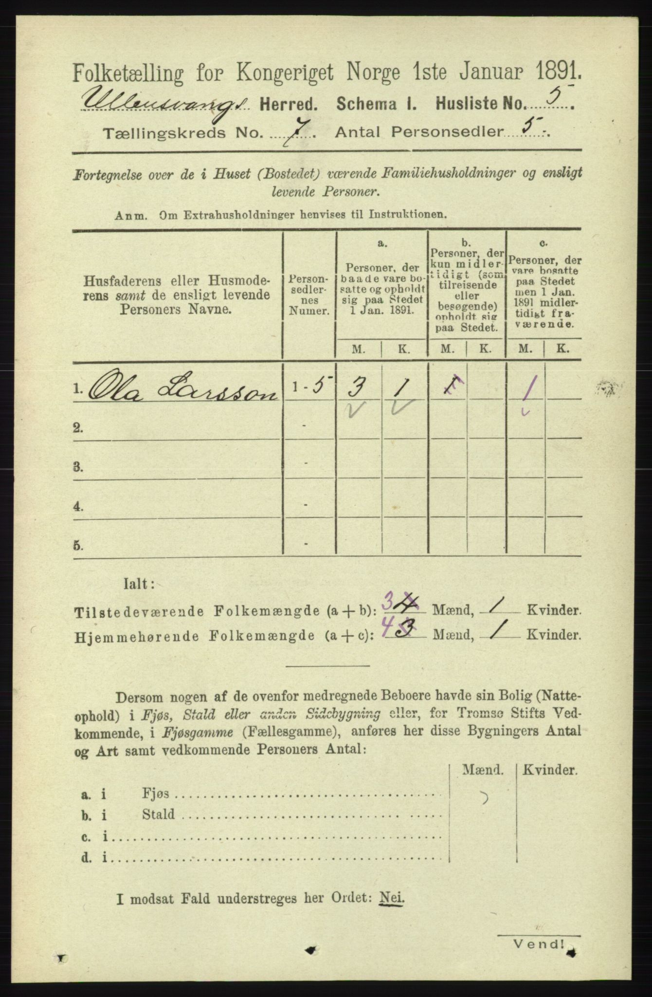 RA, 1891 census for 1230 Ullensvang, 1891, p. 2307