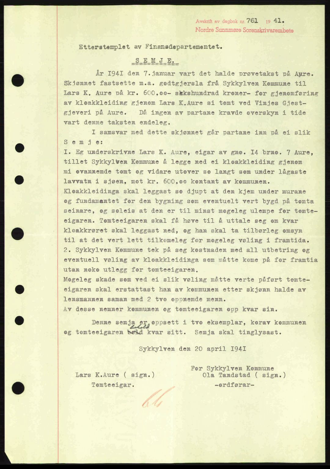 Nordre Sunnmøre sorenskriveri, SAT/A-0006/1/2/2C/2Ca: Mortgage book no. A11, 1941-1941, Diary no: : 761/1941