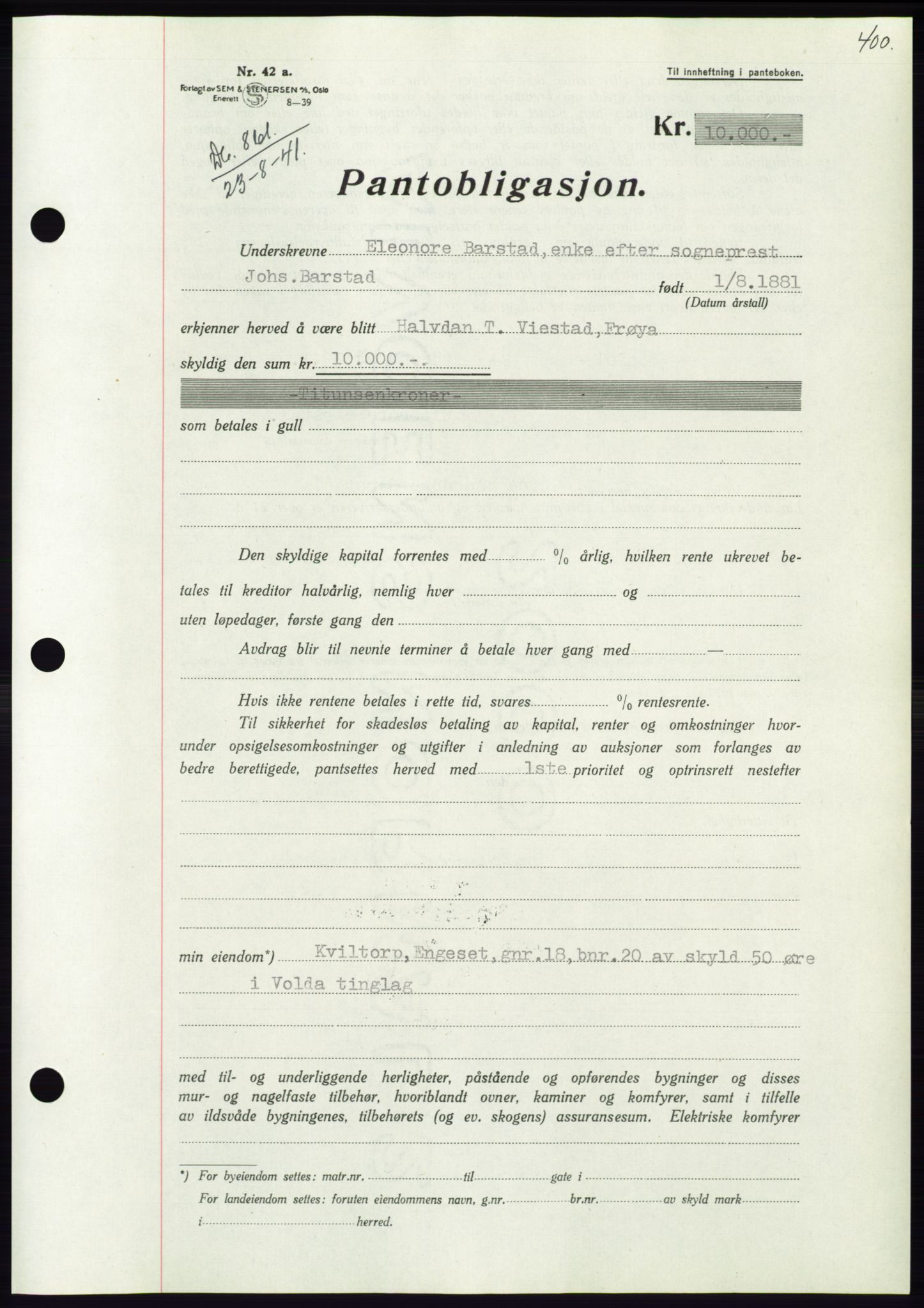 Søre Sunnmøre sorenskriveri, AV/SAT-A-4122/1/2/2C/L0071: Mortgage book no. 65, 1941-1941, Diary no: : 861/1941