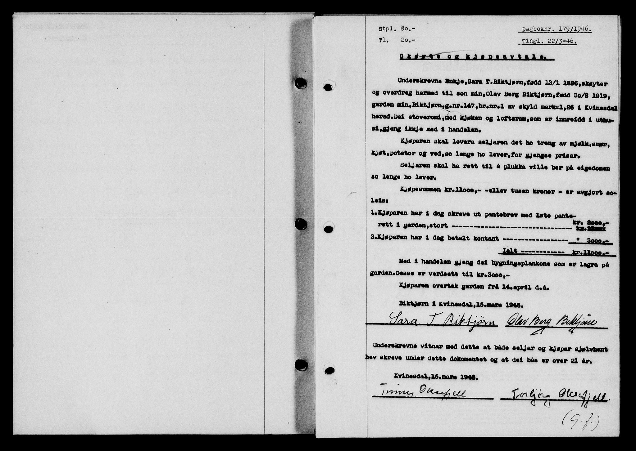 Flekkefjord sorenskriveri, AV/SAK-1221-0001/G/Gb/Gba/L0060: Mortgage book no. A-8, 1945-1946, Diary no: : 179/1946