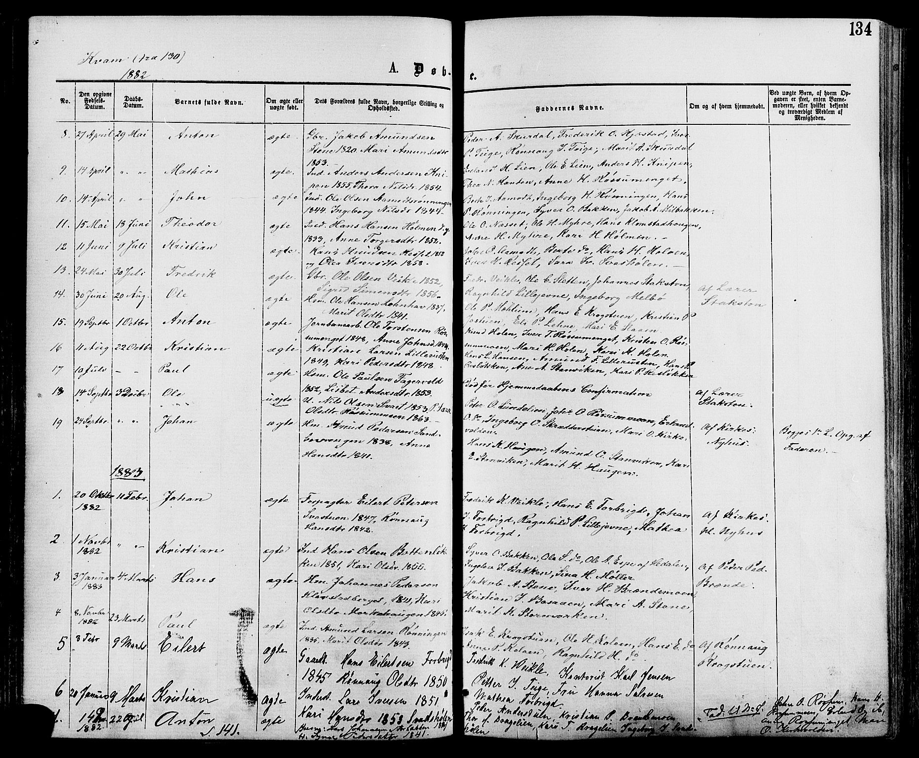 Nord-Fron prestekontor, SAH/PREST-080/H/Ha/Haa/L0002: Parish register (official) no. 2, 1865-1883, p. 134