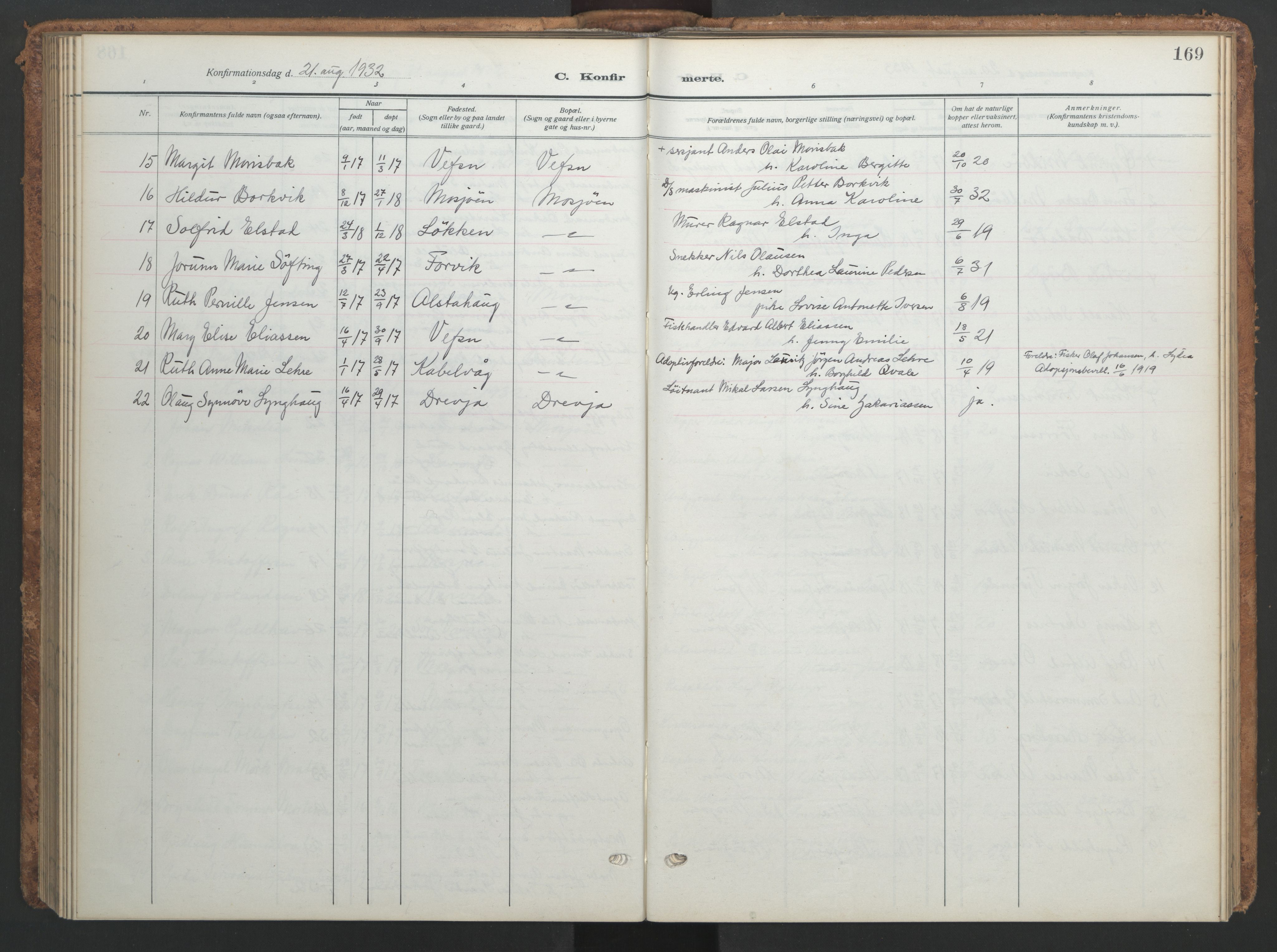 Ministerialprotokoller, klokkerbøker og fødselsregistre - Nordland, AV/SAT-A-1459/820/L0303: Parish register (copy) no. 820C05, 1917-1952, p. 169