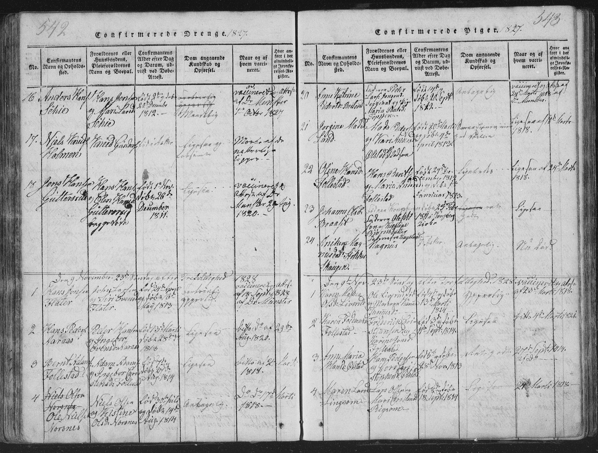 Røyken kirkebøker, SAKO/A-241/G/Ga/L0003: Parish register (copy) no. 3, 1814-1856, p. 542-543