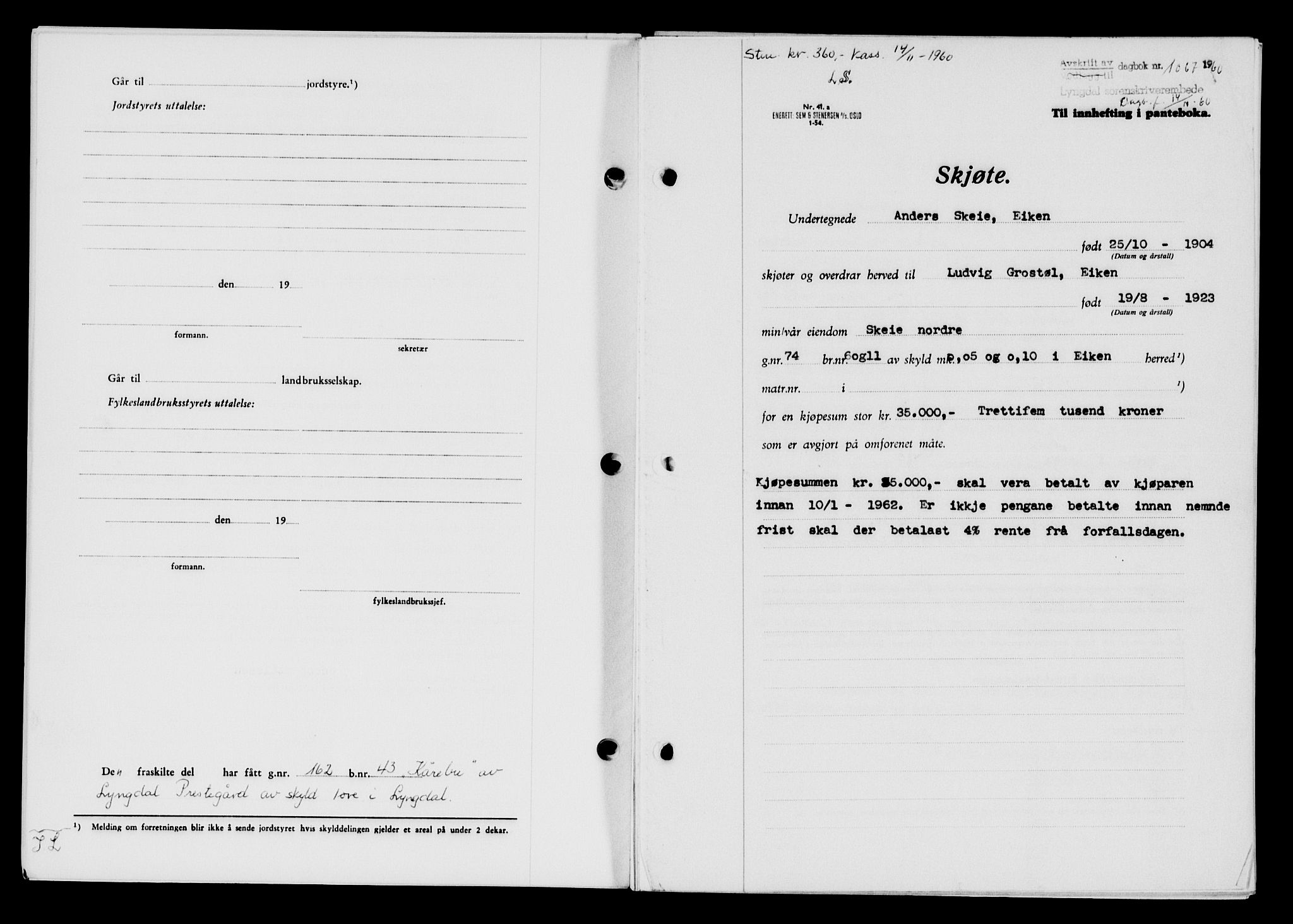 Lyngdal sorenskriveri, AV/SAK-1221-0004/G/Gb/L0680: Mortgage book no. A XXVI, 1960-1960, Diary no: : 1067/1960