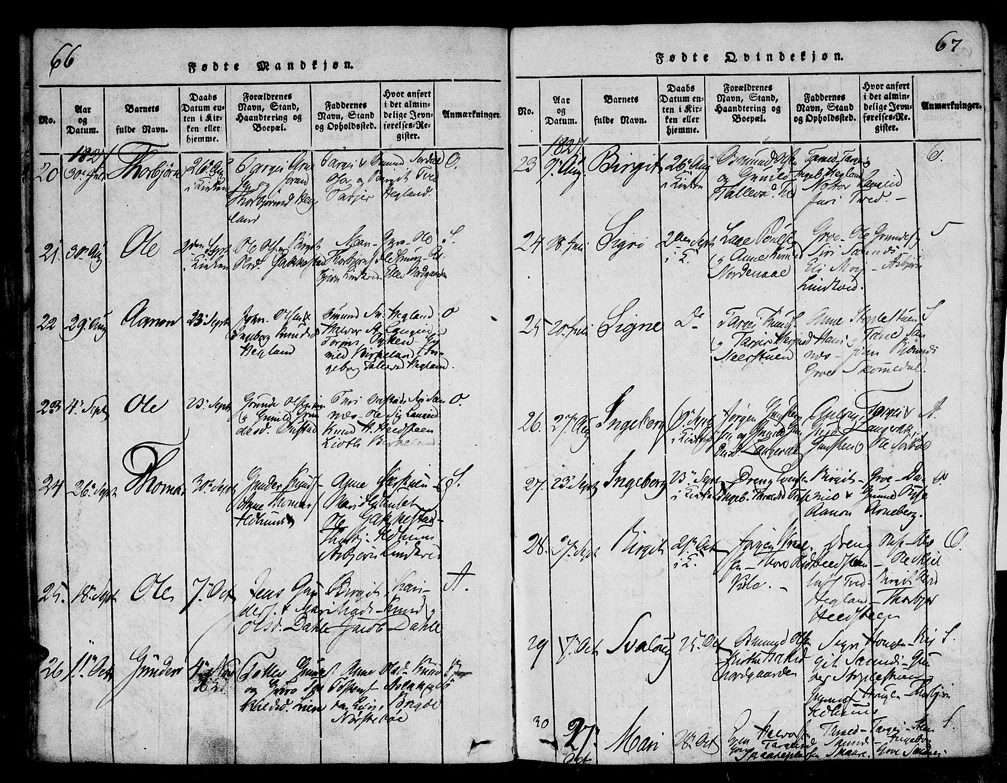 Bygland sokneprestkontor, SAK/1111-0006/F/Fa/Fab/L0003: Parish register (official) no. A 3, 1816-1841, p. 66-67