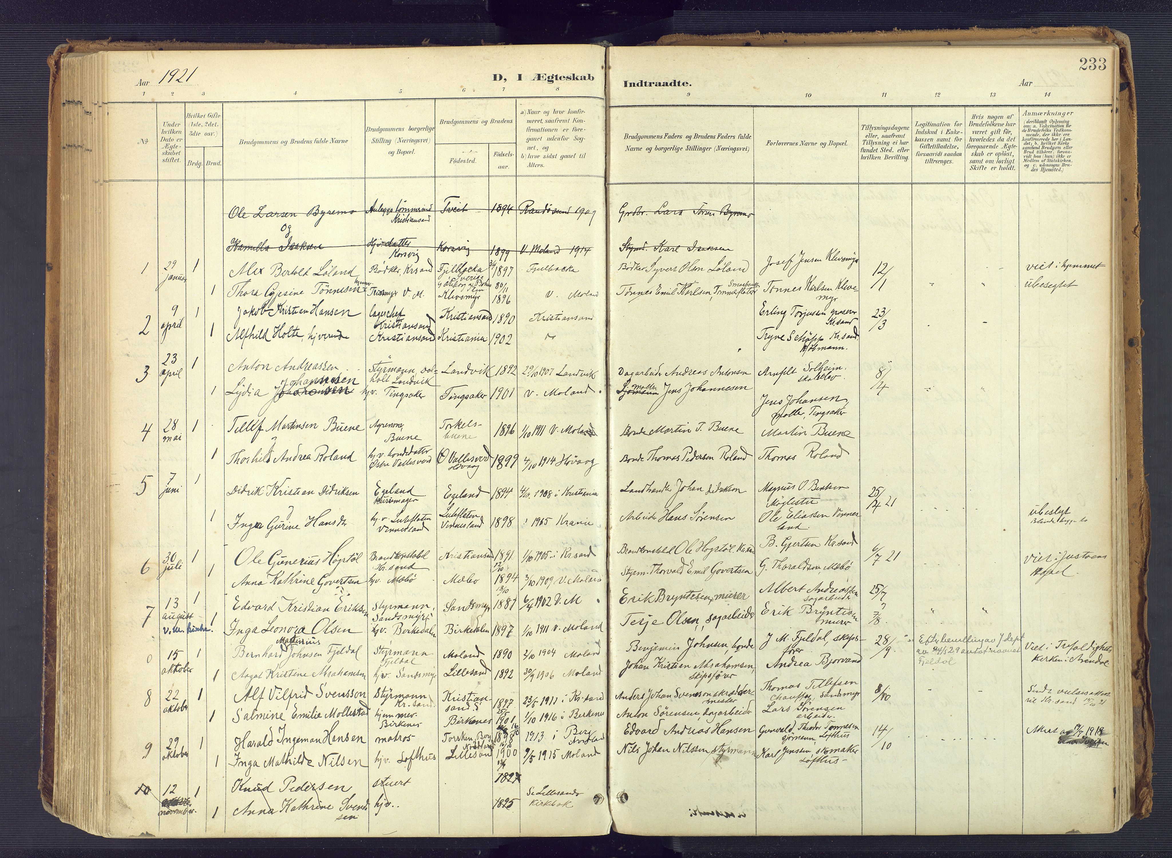 Vestre Moland sokneprestkontor, SAK/1111-0046/F/Fa/Fab/L0010: Parish register (official) no. A 10, 1900-1926, p. 233
