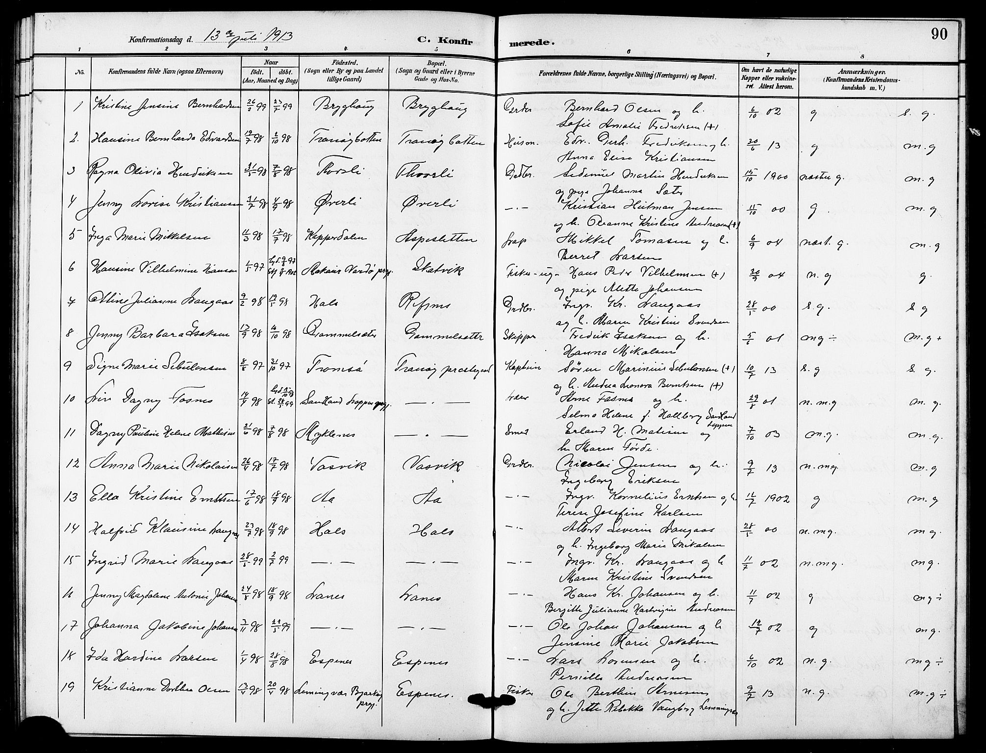 Tranøy sokneprestkontor, AV/SATØ-S-1313/I/Ia/Iab/L0005klokker: Parish register (copy) no. 5, 1902-1919, p. 90