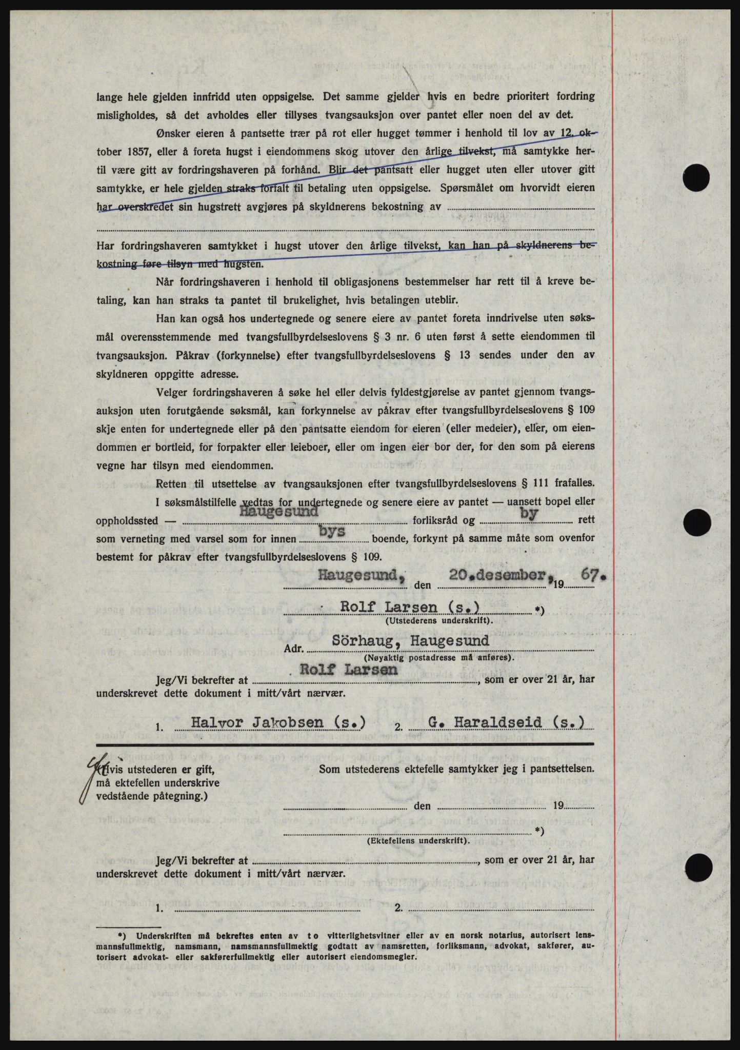 Haugesund tingrett, SAST/A-101415/01/II/IIC/L0058: Mortgage book no. B 58, 1967-1968, Diary no: : 3002/1967