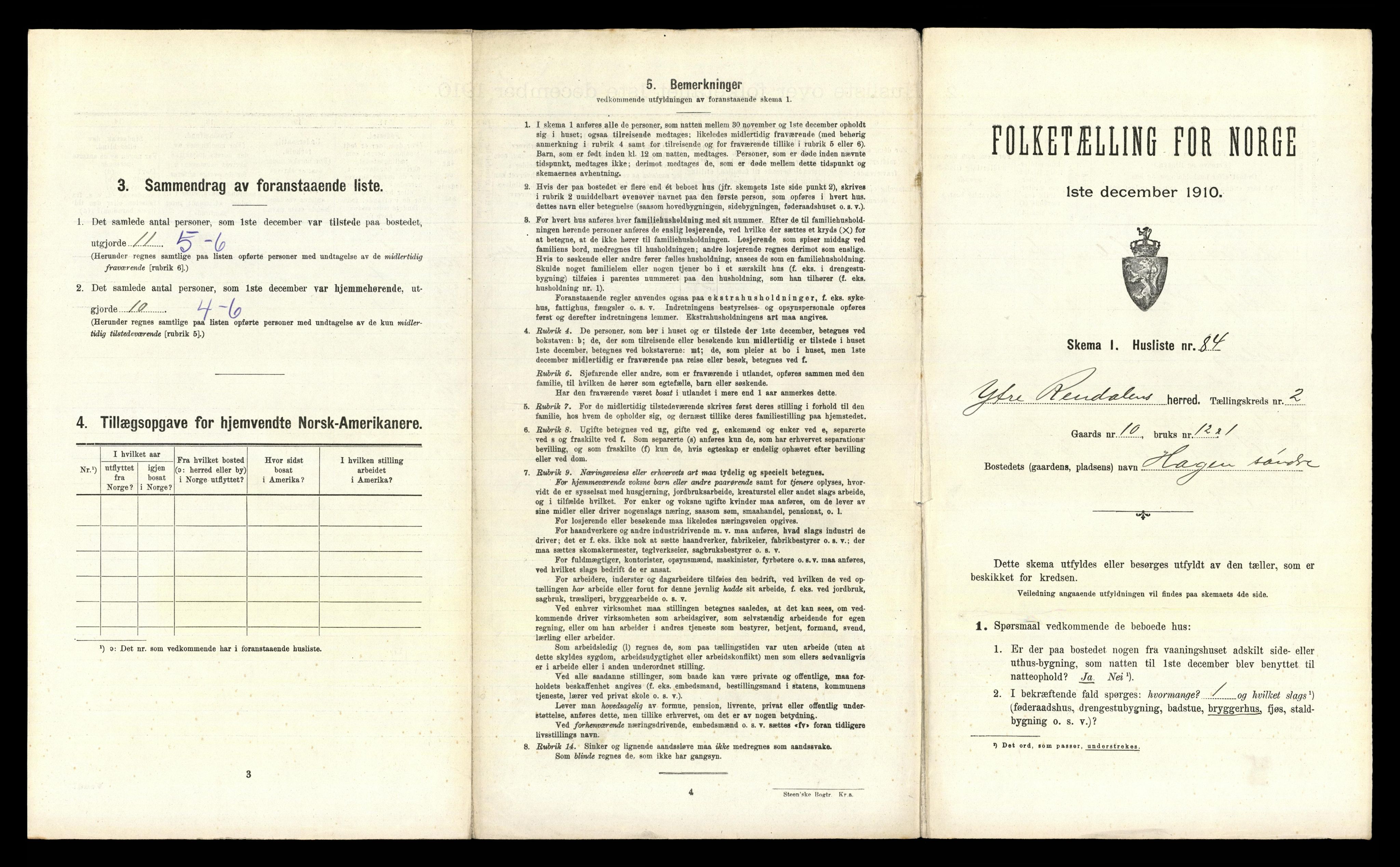 RA, 1910 census for Ytre Rendal, 1910, p. 281