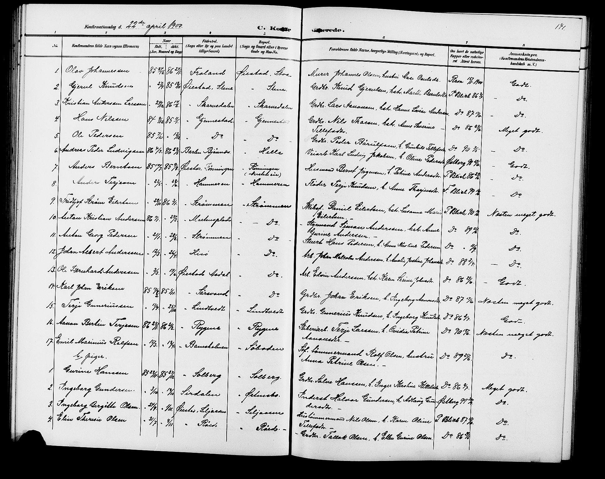 Øyestad sokneprestkontor, SAK/1111-0049/F/Fb/L0010: Parish register (copy) no. B 10, 1897-1906, p. 141