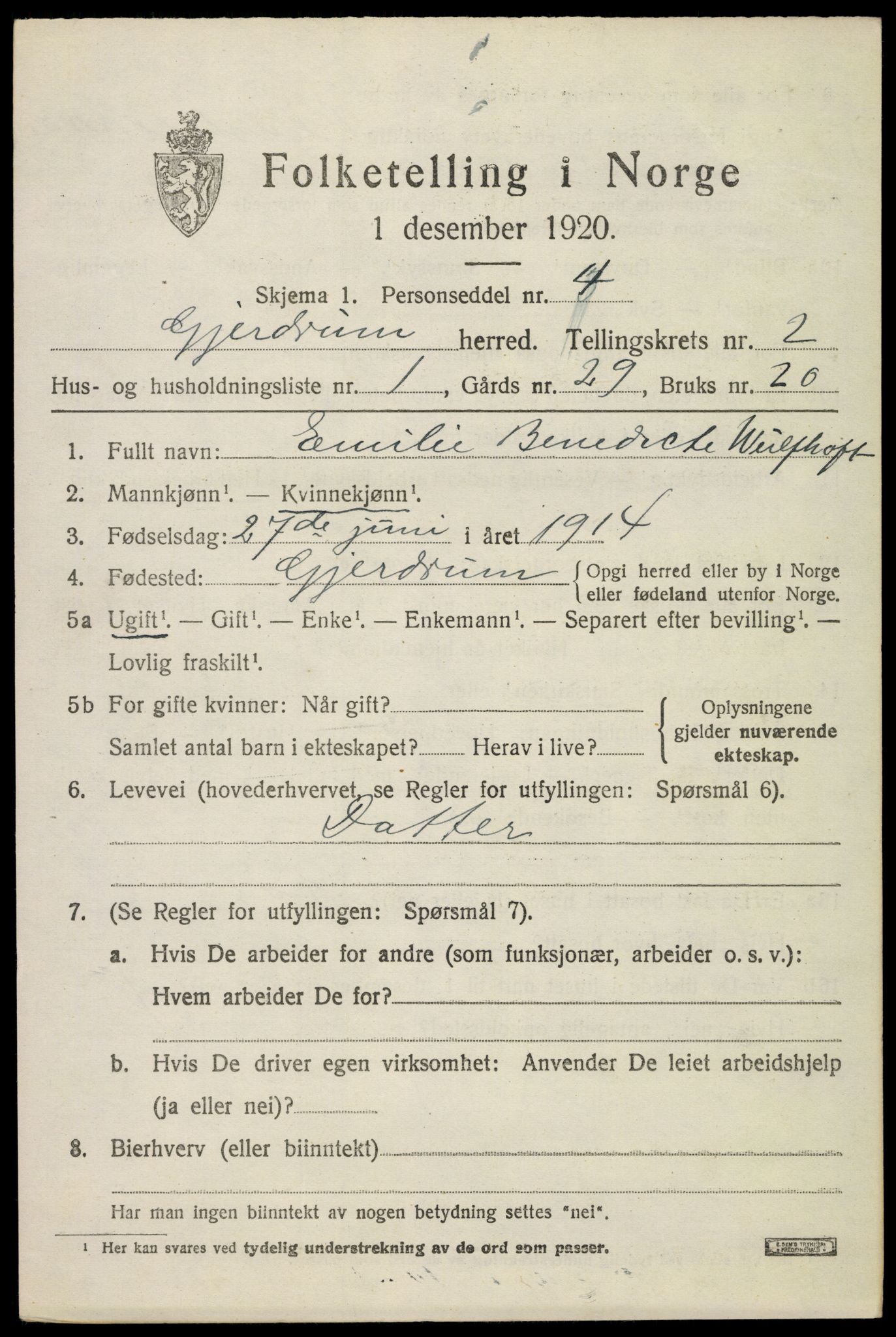 SAO, 1920 census for Gjerdrum, 1920, p. 1356