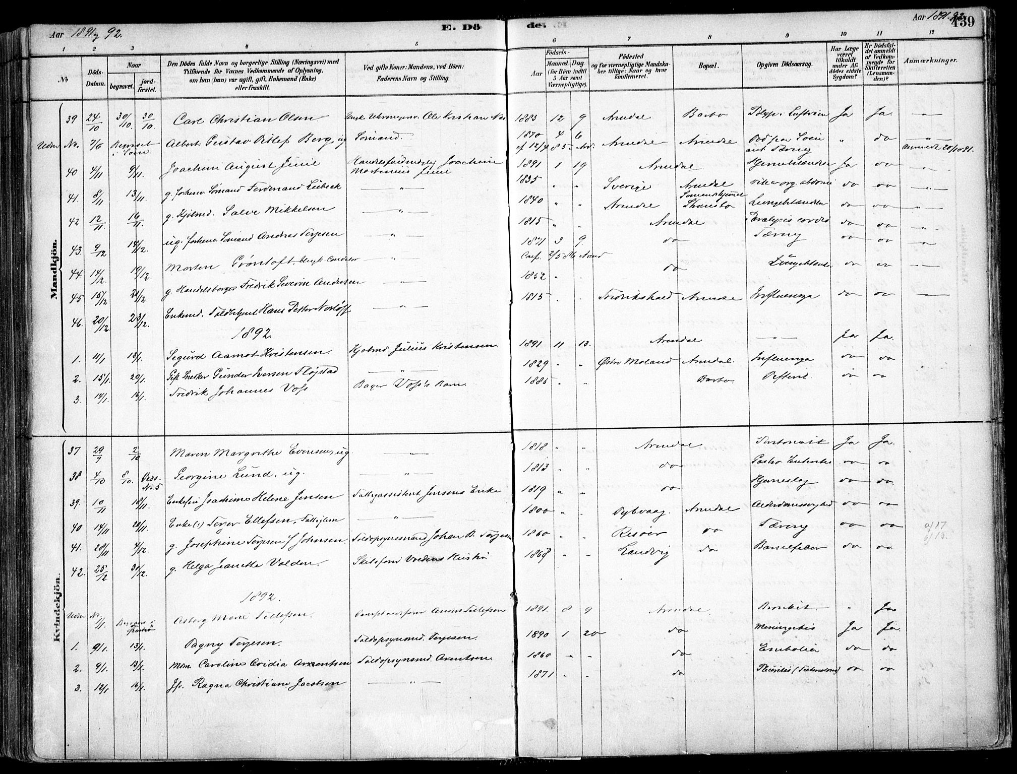 Arendal sokneprestkontor, Trefoldighet, SAK/1111-0040/F/Fa/L0008: Parish register (official) no. A 8, 1878-1899, p. 439