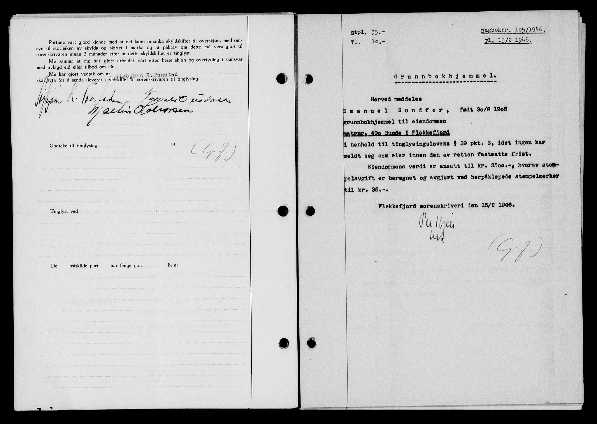 Flekkefjord sorenskriveri, AV/SAK-1221-0001/G/Gb/Gba/L0060: Mortgage book no. A-8, 1945-1946, Diary no: : 105/1946