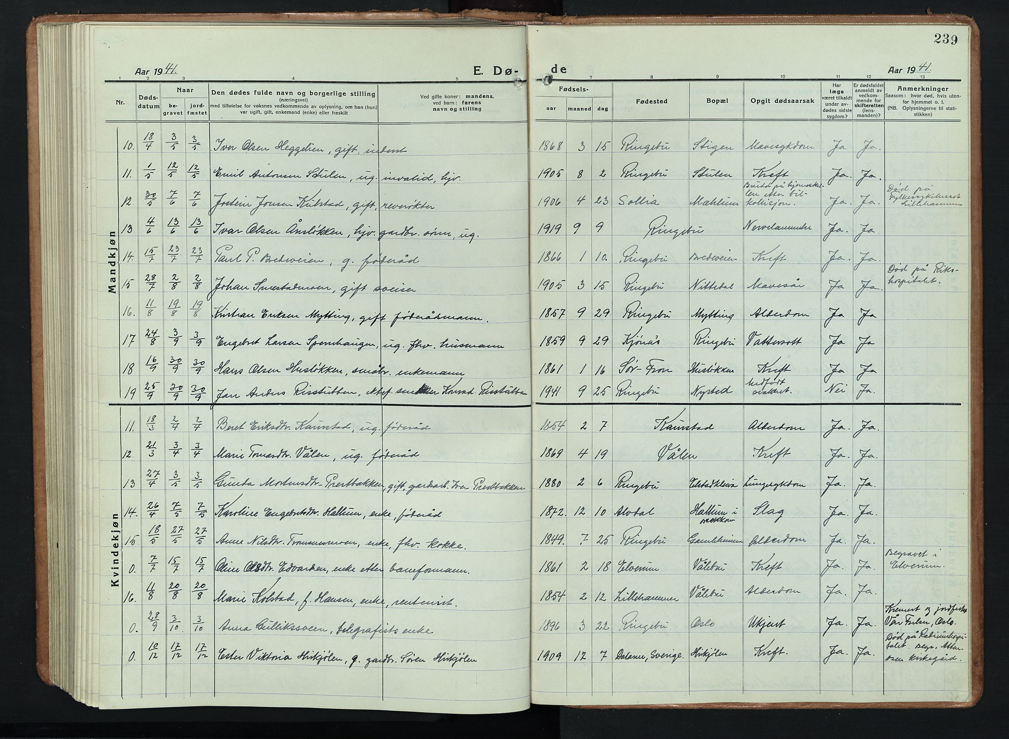 Ringebu prestekontor, SAH/PREST-082/H/Ha/Hab/L0011: Parish register (copy) no. 11, 1921-1943, p. 239
