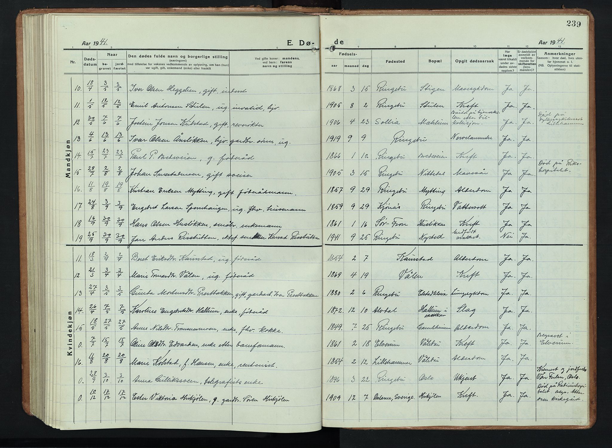 Ringebu prestekontor, AV/SAH-PREST-082/H/Ha/Hab/L0011: Parish register (copy) no. 11, 1921-1943, p. 239