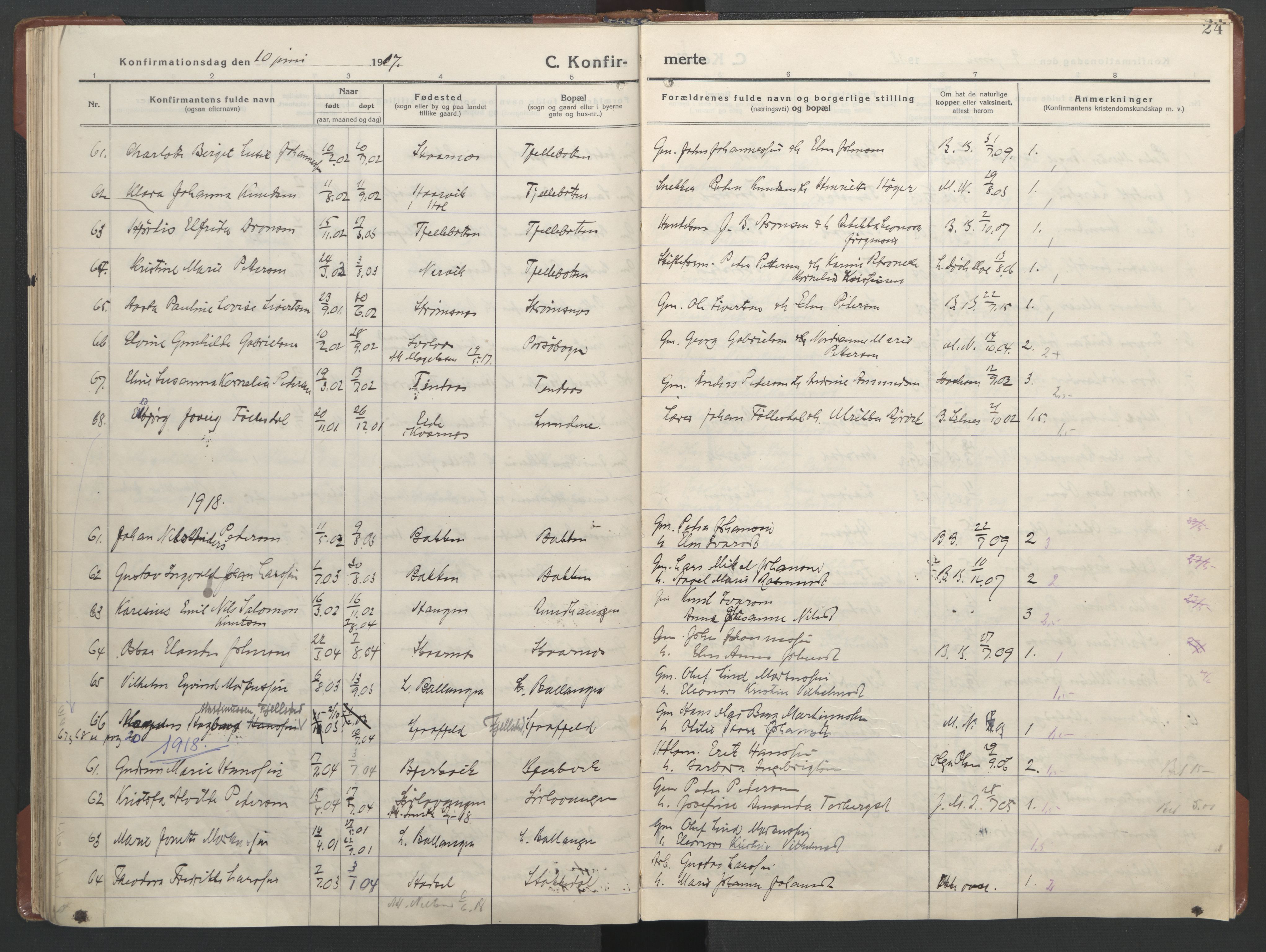 Ministerialprotokoller, klokkerbøker og fødselsregistre - Nordland, AV/SAT-A-1459/863/L0918: Parish register (copy) no. 863C08, 1906-1921, p. 24