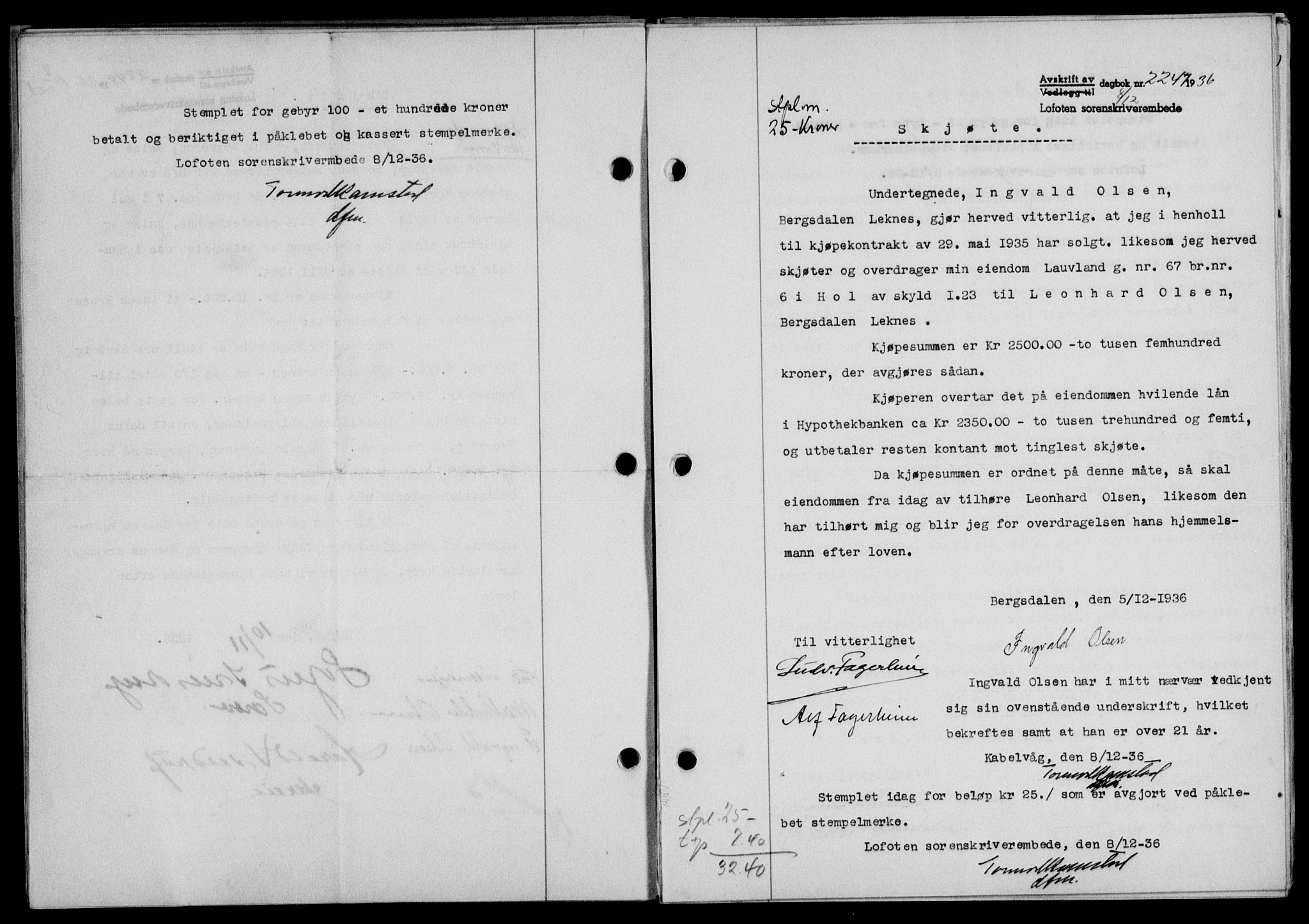 Lofoten sorenskriveri, SAT/A-0017/1/2/2C/L0001a: Mortgage book no. 1a, 1936-1937, Diary no: : 2247/1936