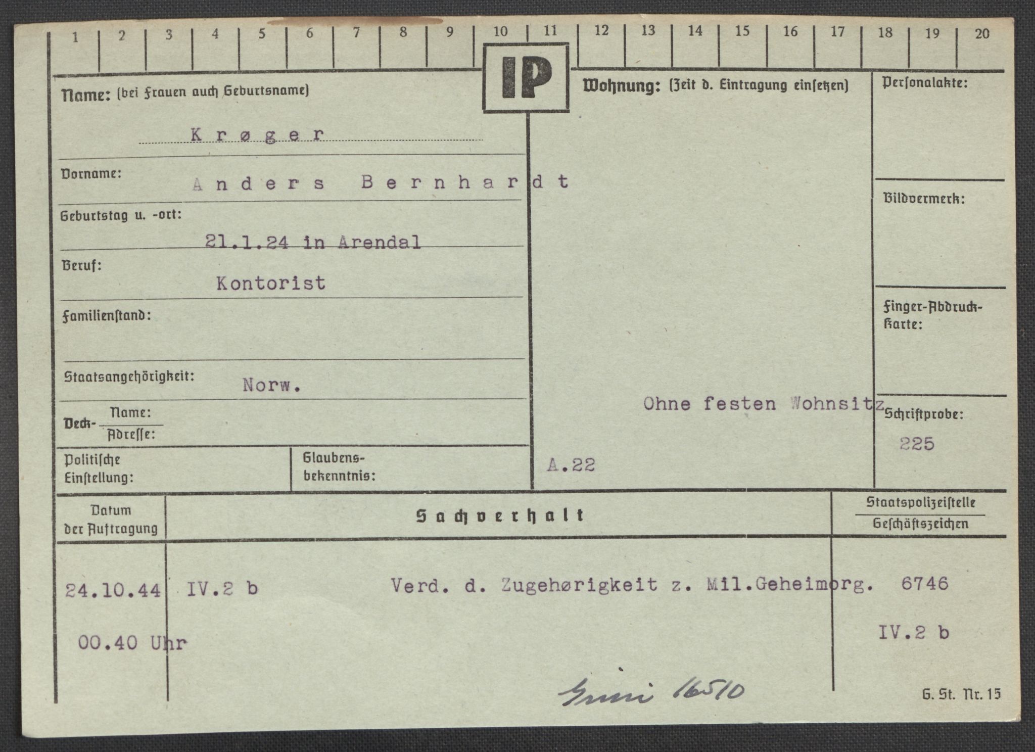 Befehlshaber der Sicherheitspolizei und des SD, RA/RAFA-5969/E/Ea/Eaa/L0006: Register over norske fanger i Møllergata 19: Kj-Lund, 1940-1945, p. 520