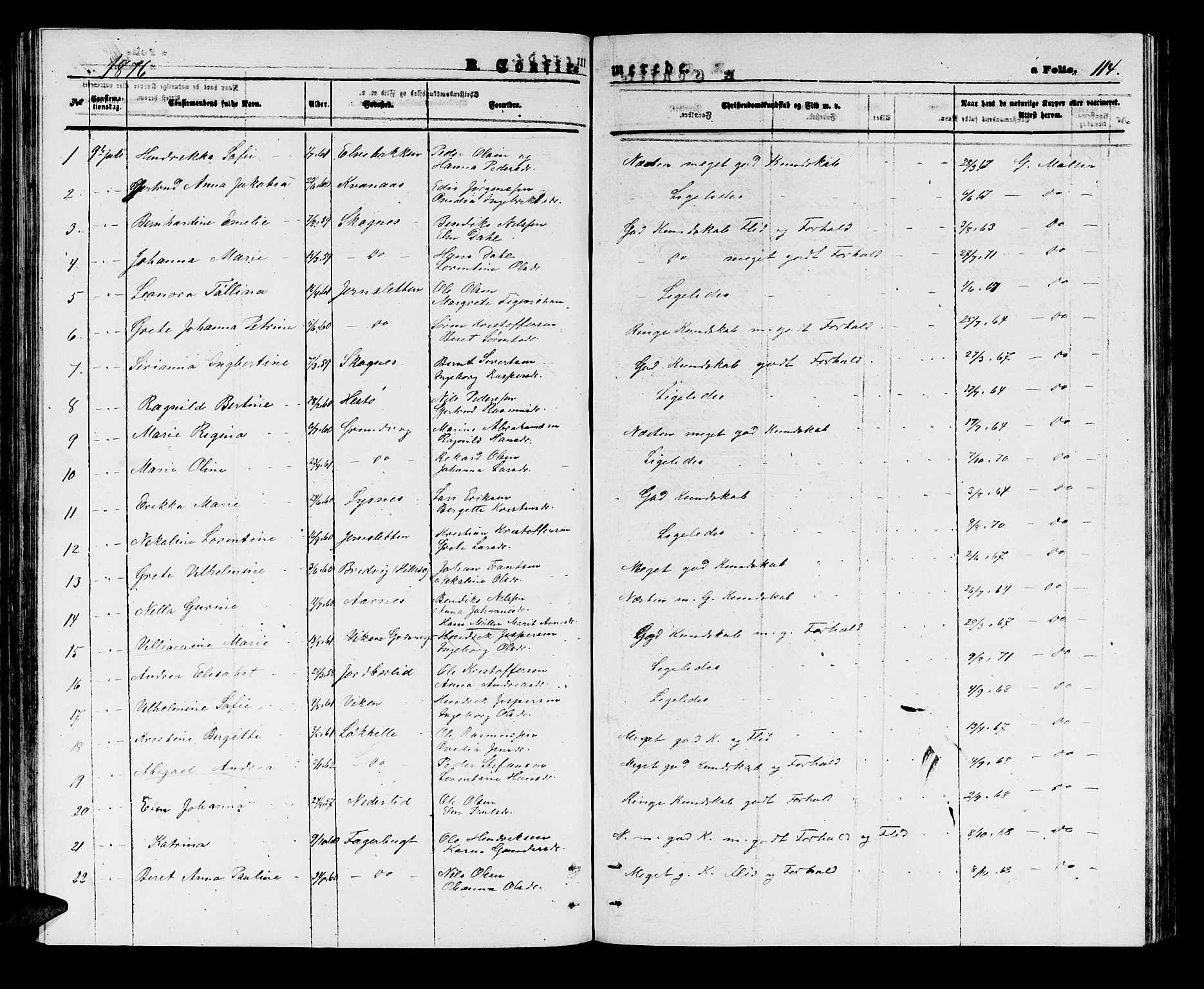 Lenvik sokneprestembete, SATØ/S-1310/H/Ha/Hab/L0005klokker: Parish register (copy) no. 5, 1870-1880, p. 114