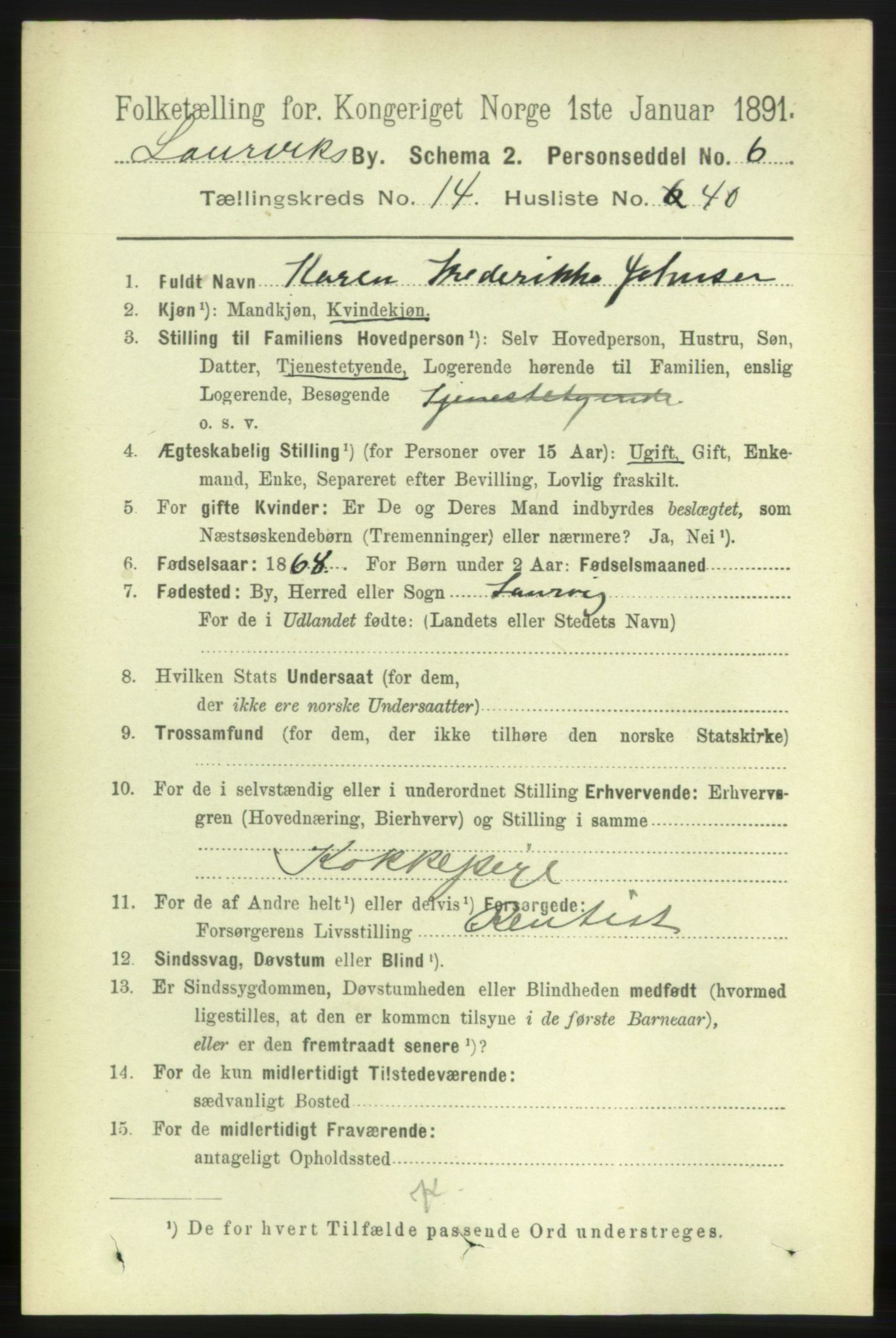 RA, 1891 census for 0707 Larvik, 1891, p. 11302