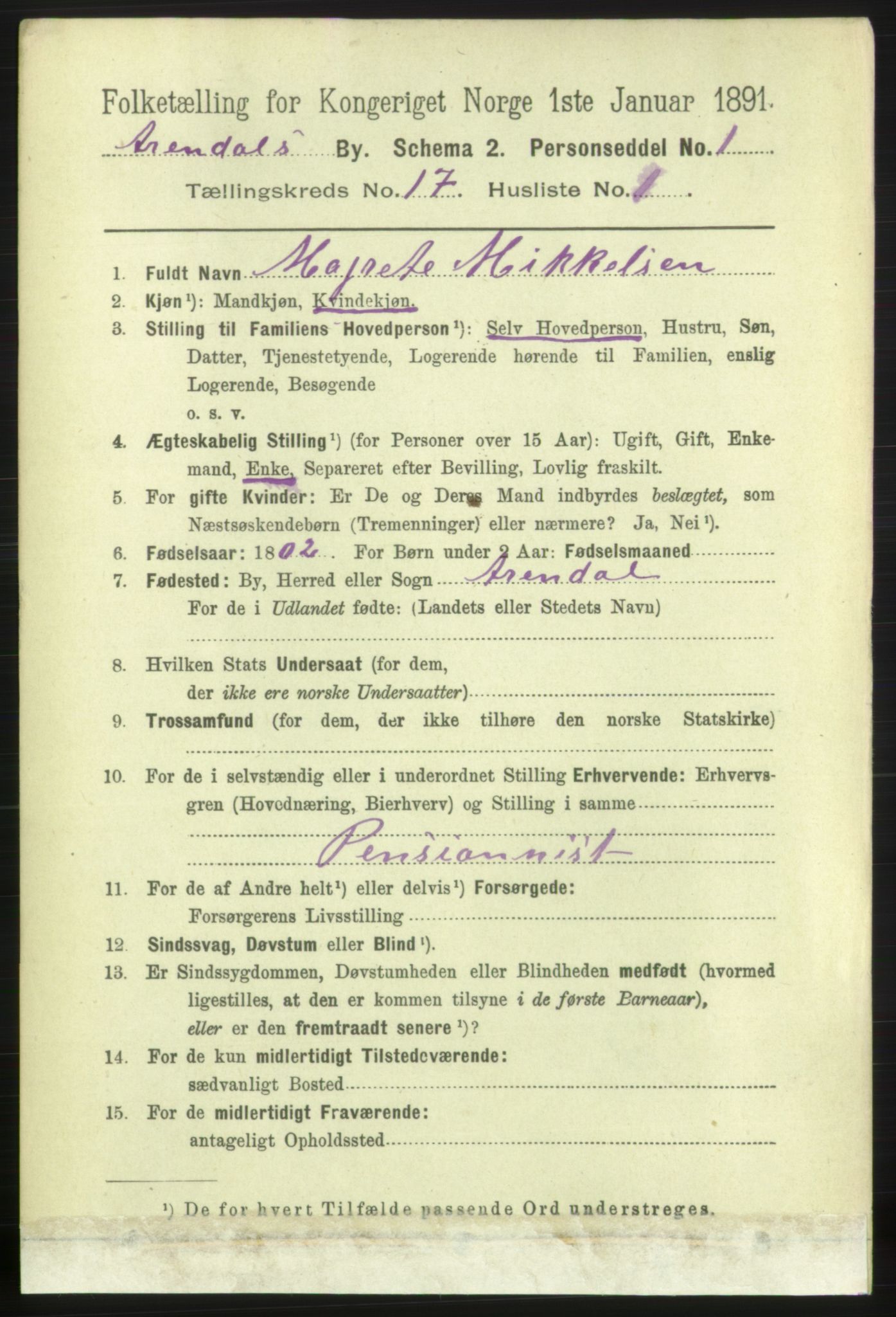 RA, 1891 census for 0903 Arendal, 1891, p. 5585