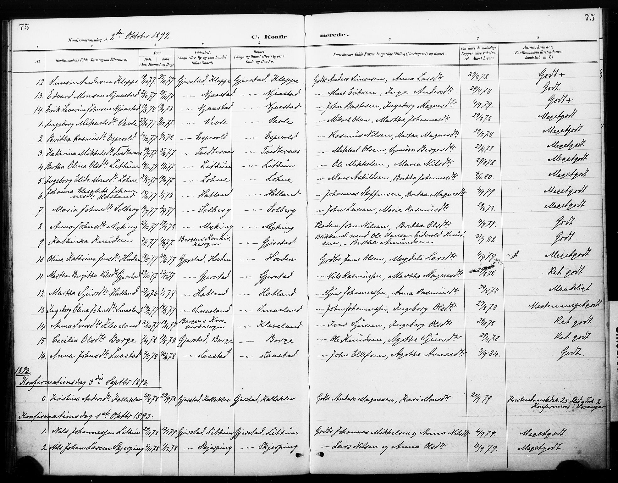 Haus sokneprestembete, AV/SAB-A-75601/H/Haa: Parish register (official) no. C 1, 1887-1899, p. 75