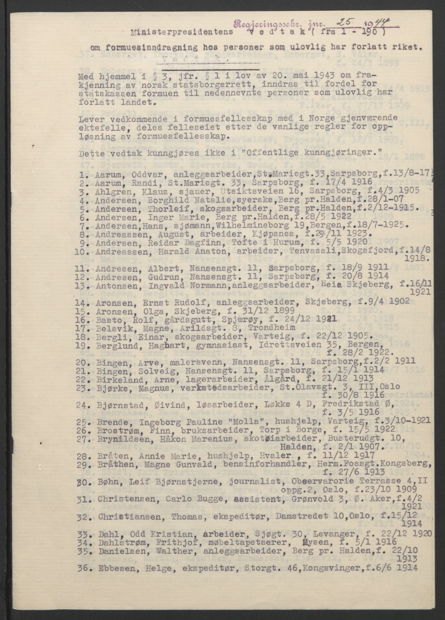 NS-administrasjonen 1940-1945 (Statsrådsekretariatet, de kommisariske statsråder mm), AV/RA-S-4279/D/Db/L0111/0003: Saker fra krigsårene / Journal, 1940-1945, p. 204