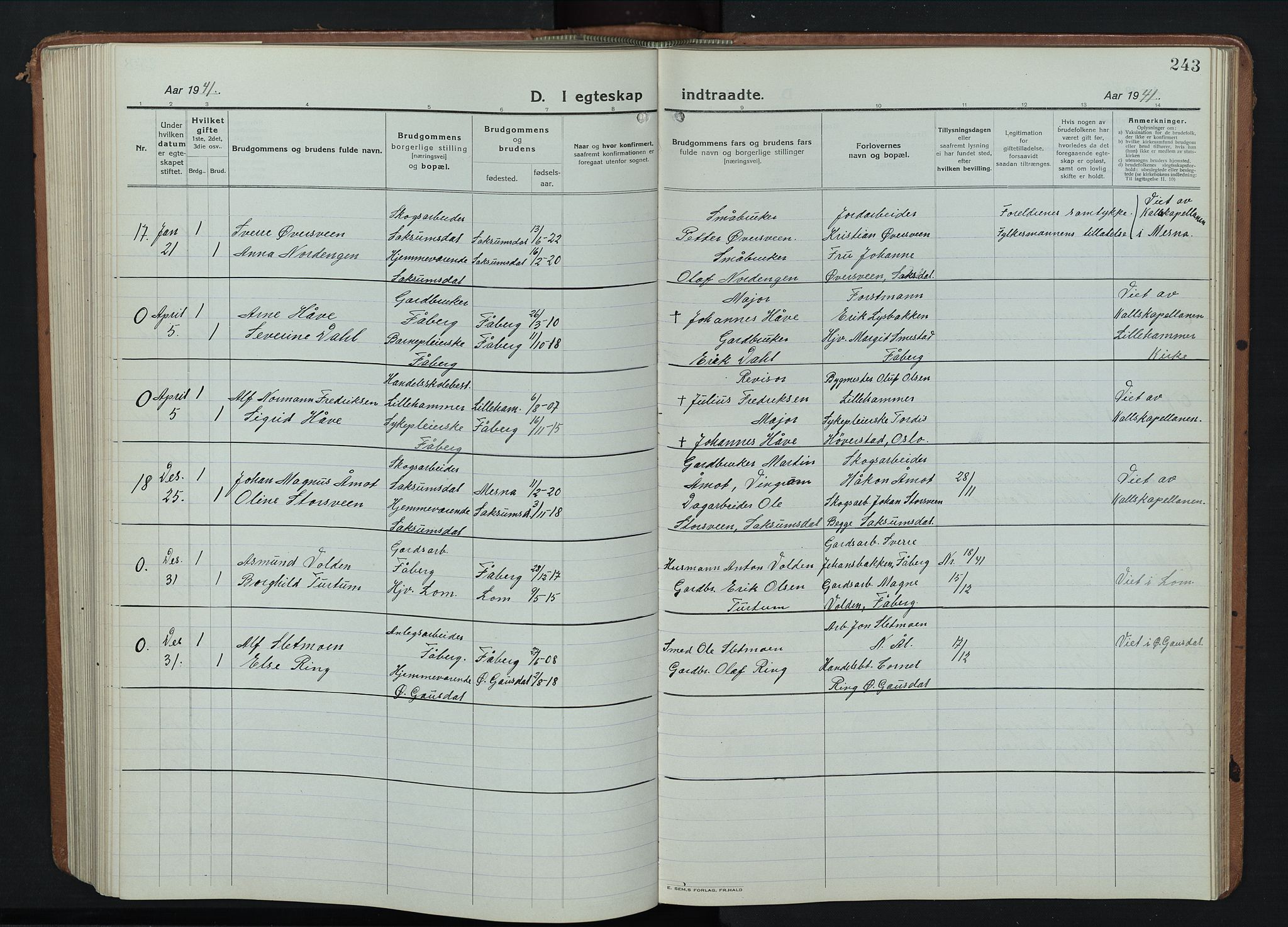 Fåberg prestekontor, AV/SAH-PREST-086/H/Ha/Hab/L0014: Parish register (copy) no. 14, 1922-1946, p. 243