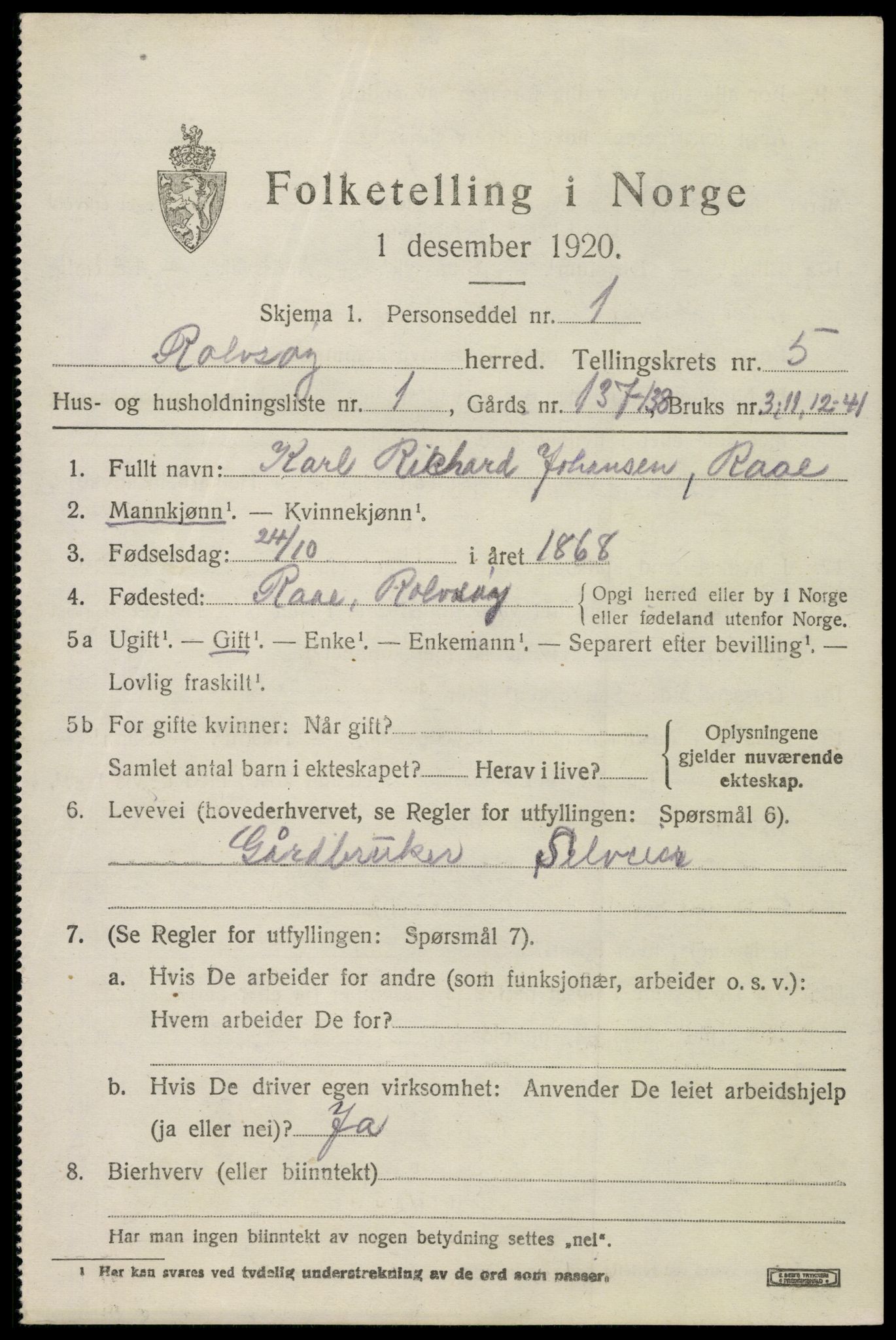 SAO, 1920 census for Rolvsøy, 1920, p. 5205