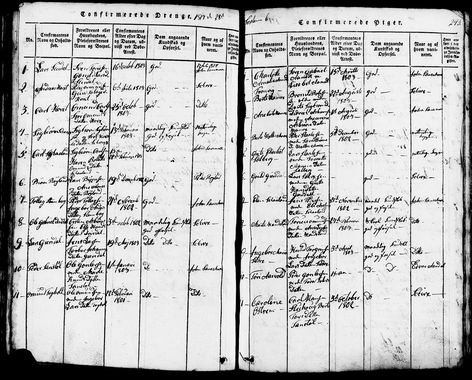 Lund sokneprestkontor, SAST/A-101809/S07/L0002: Parish register (copy) no. B 2, 1816-1832, p. 243