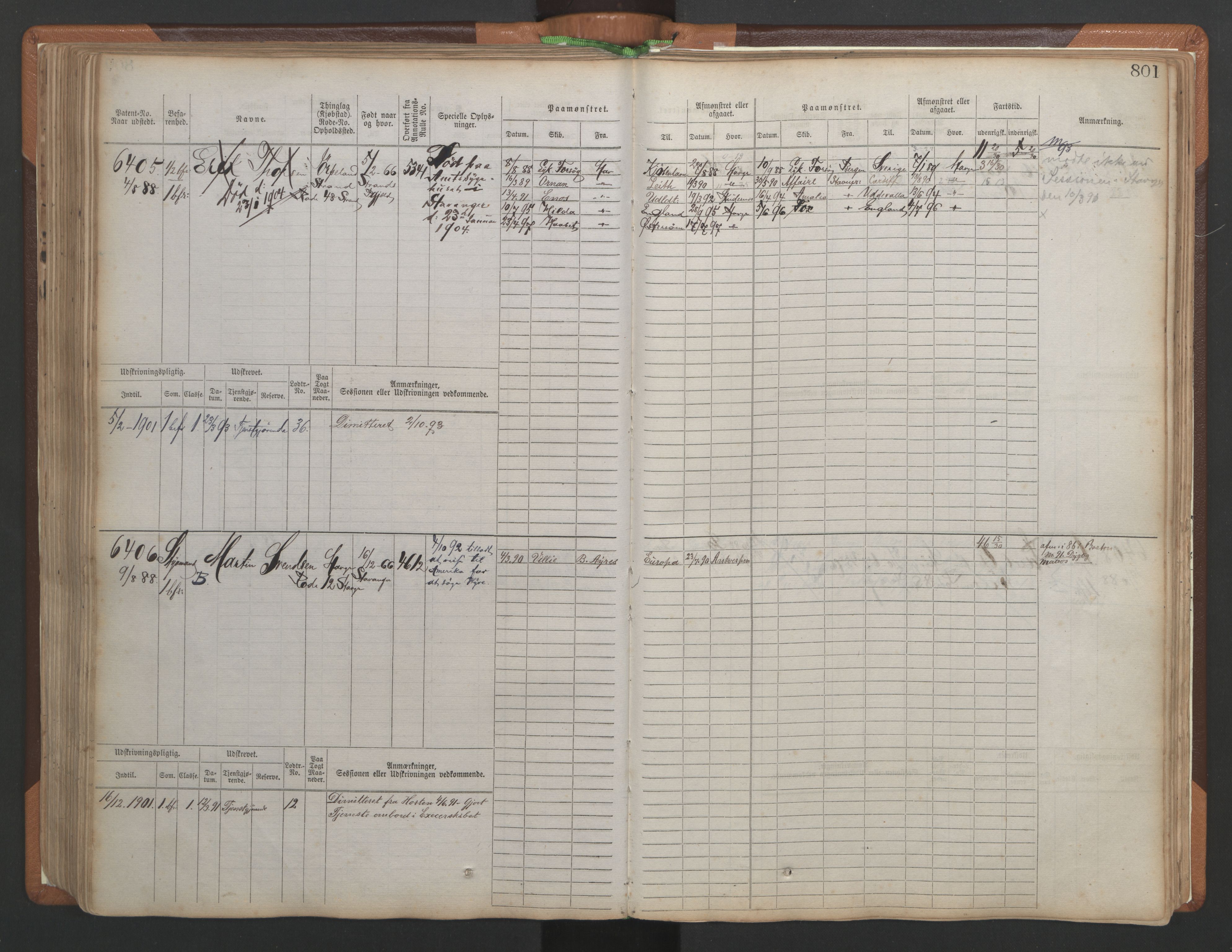 Stavanger sjømannskontor, AV/SAST-A-102006/F/Fb/Fbb/L0010: Sjøfartshovedrulle, patentnr. 6007-6606 (del 1), 1887-1896, p. 205