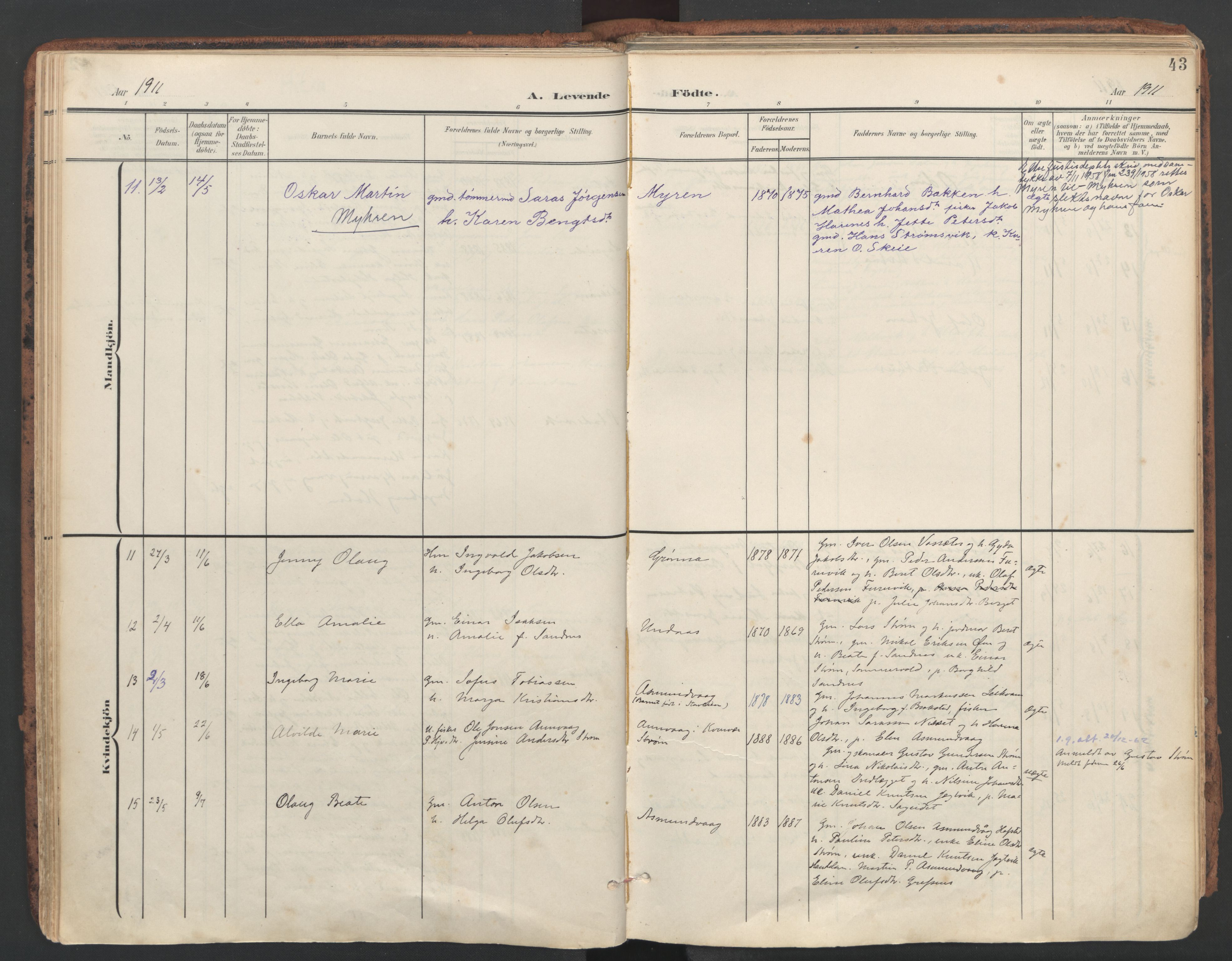 Ministerialprotokoller, klokkerbøker og fødselsregistre - Sør-Trøndelag, SAT/A-1456/634/L0537: Parish register (official) no. 634A13, 1896-1922, p. 43