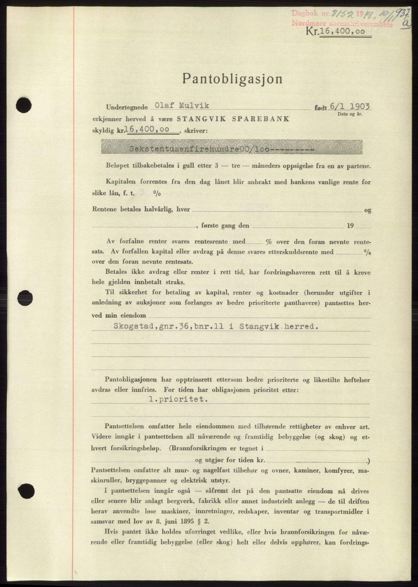 Nordmøre sorenskriveri, AV/SAT-A-4132/1/2/2Ca: Mortgage book no. B99, 1948-1948, Diary no: : 3152/1948