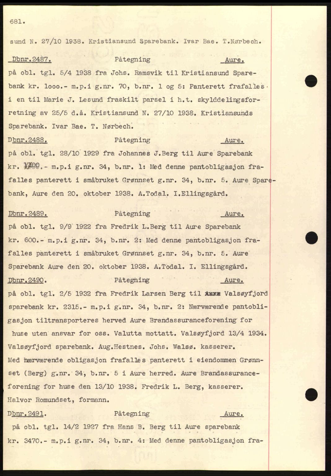 Nordmøre sorenskriveri, AV/SAT-A-4132/1/2/2Ca: Mortgage book no. C80, 1936-1939, Diary no: : 2487/1938